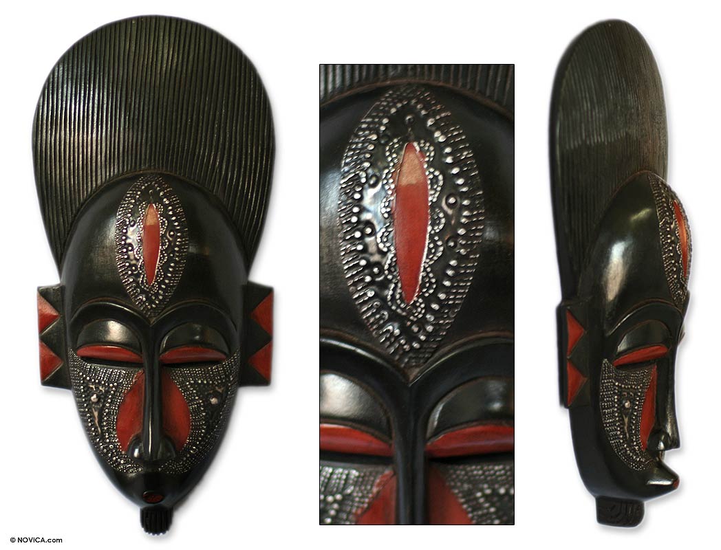 Premium Ghanaian Wall Mask - Silent Guardian in Black & Red