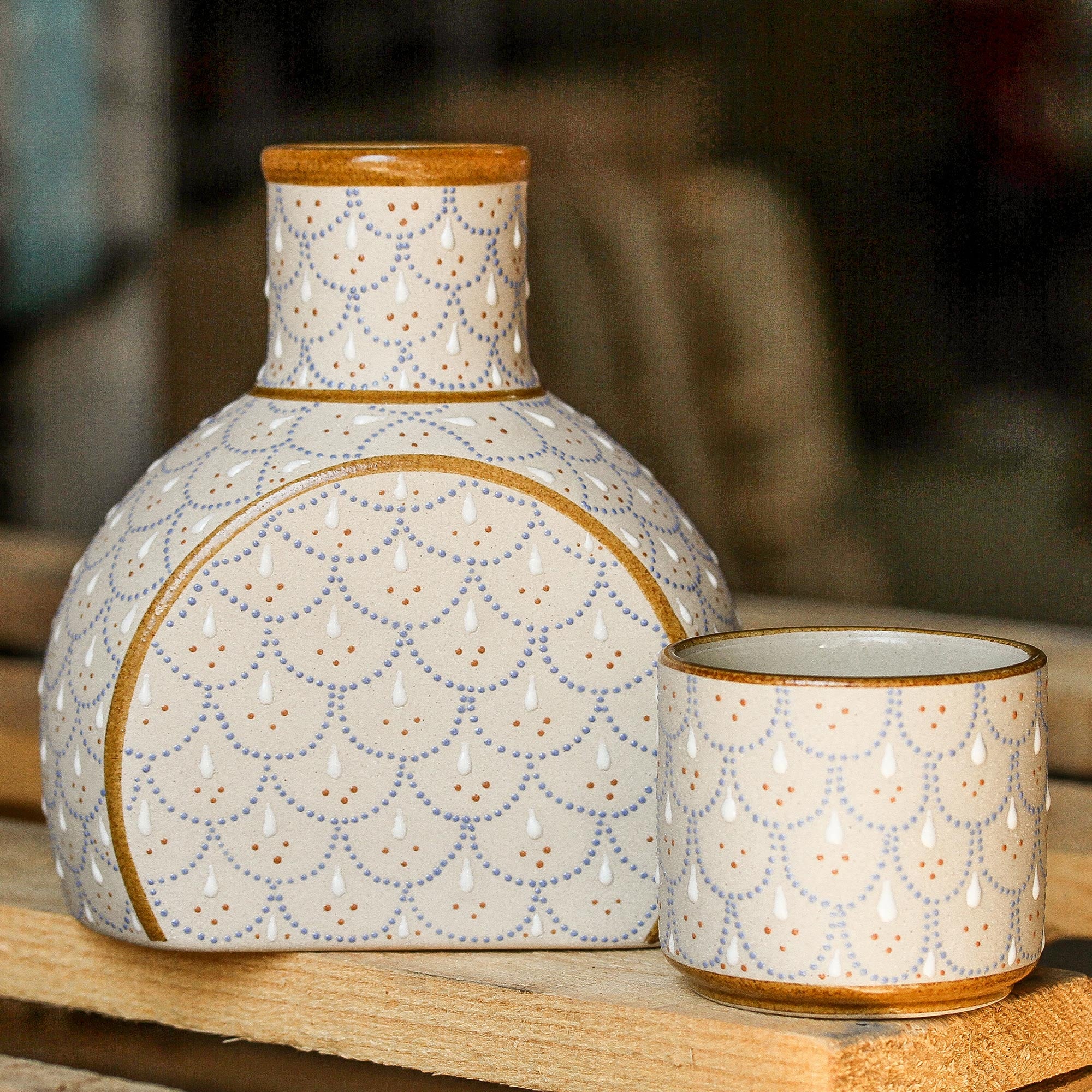 Premium Grey and Beige Ceramic Decanter Set with Cup Lid – Ultimate Elegance