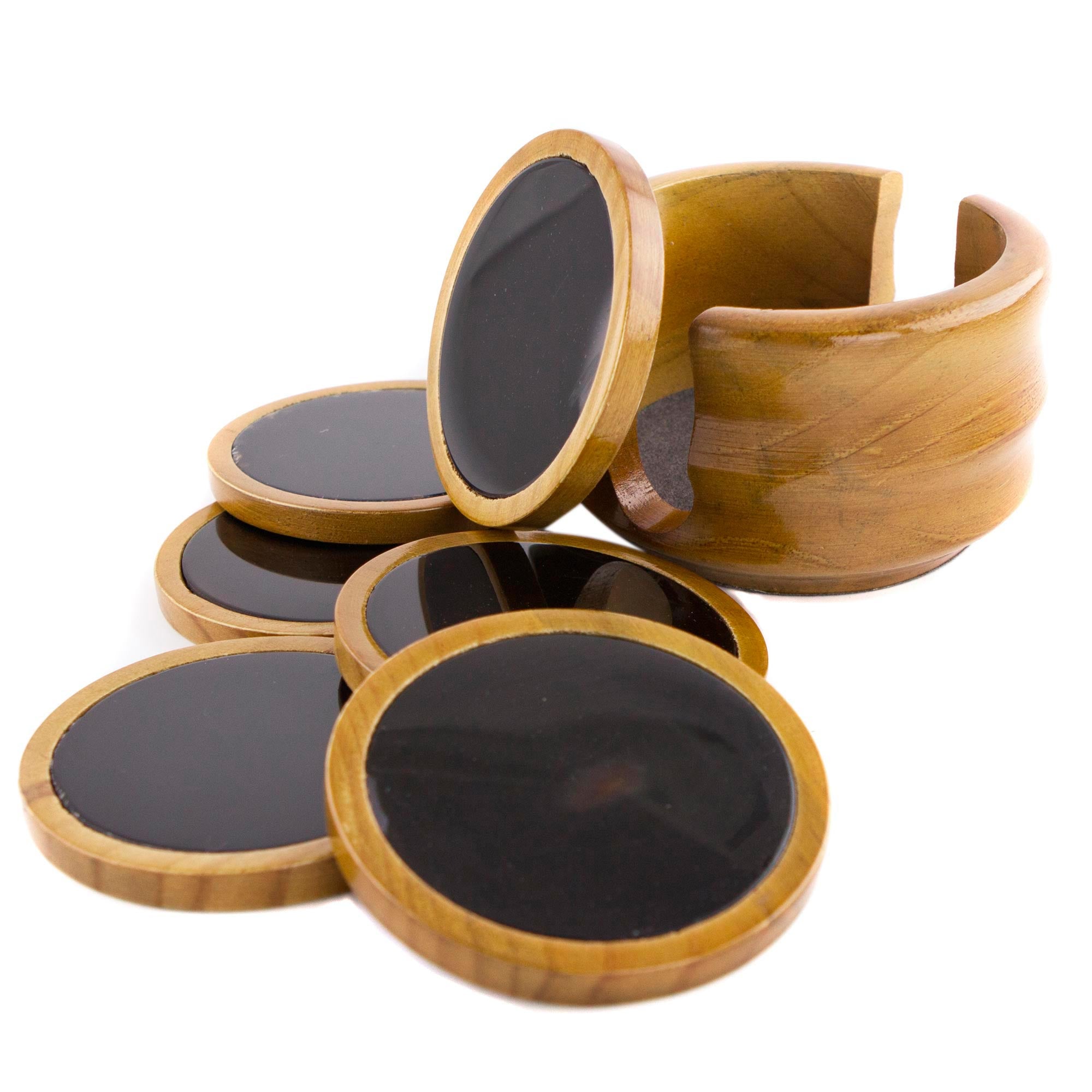 Premium Nocturnal Wisdom Coaster Set: 6 Black Agate & Cedar Wood Coasters with Stand