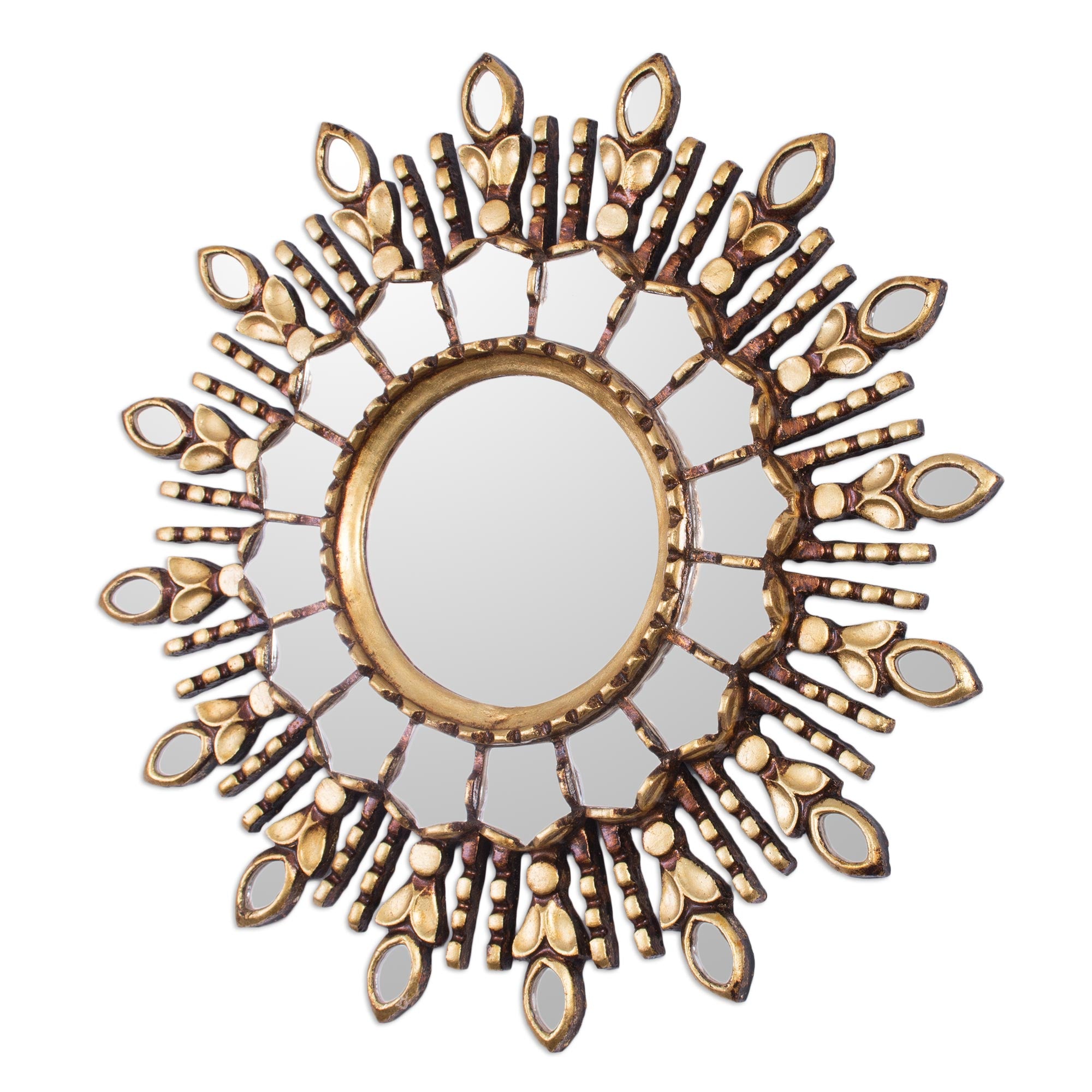 Premium Handcrafted Bronze Gilded Cedar Wood Wall Mirror – Radiant Sun Design from Peru