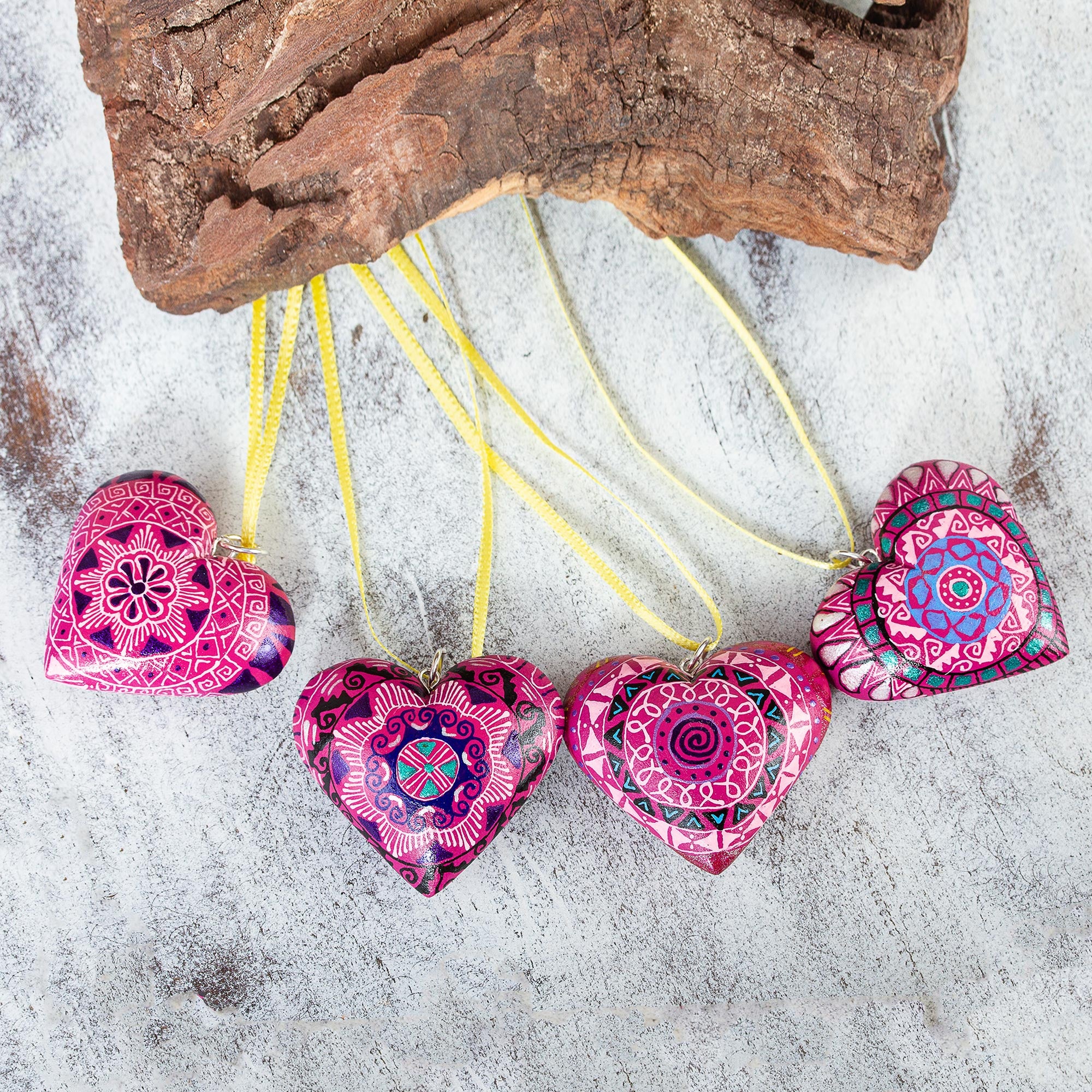 Premium Zapotec Hand-Painted Fuchsia Wood Heart Ornaments - Set of 4