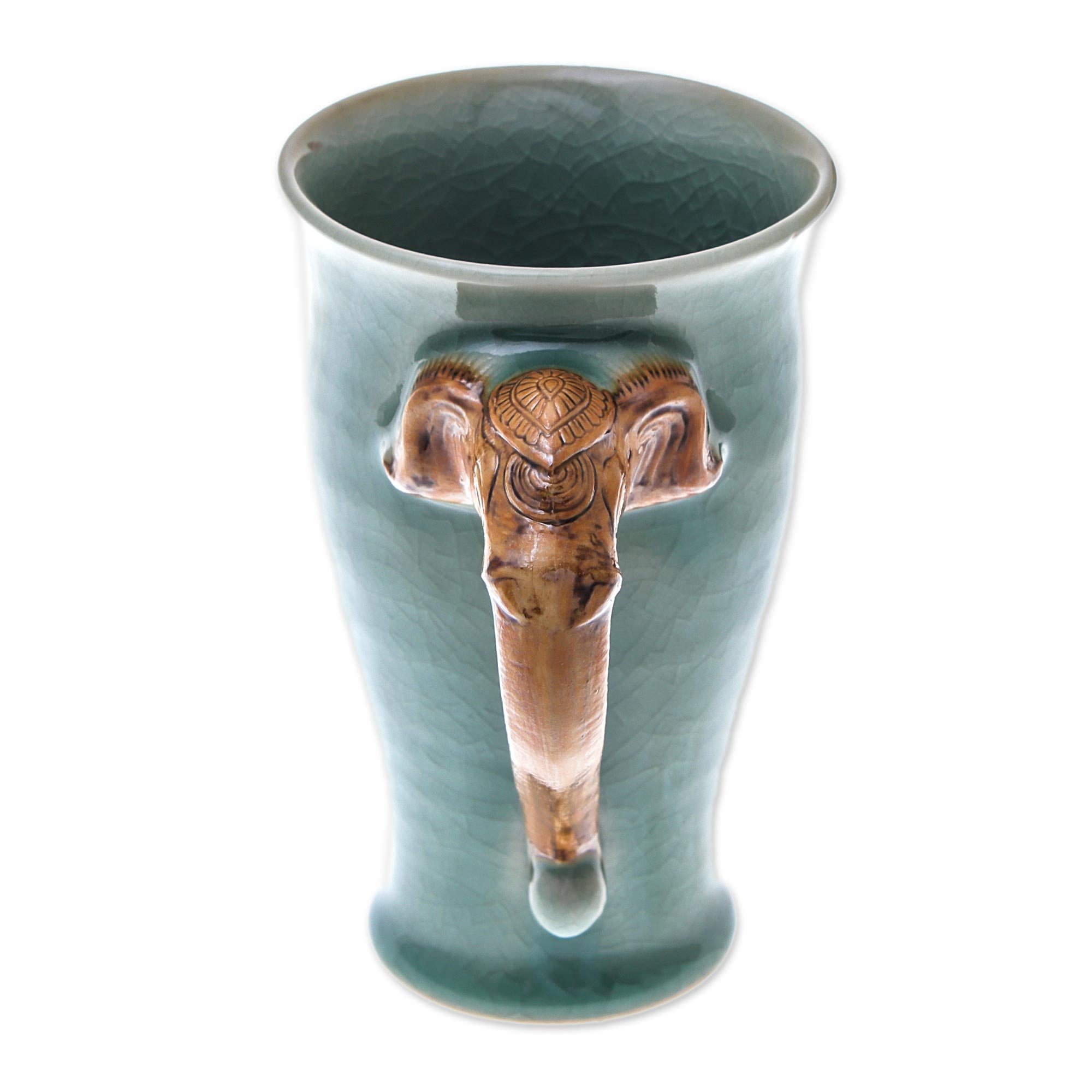 Premium Elephant Ceramic Mug - Green Crackled Celadon with Handcrafted Elephant Handle