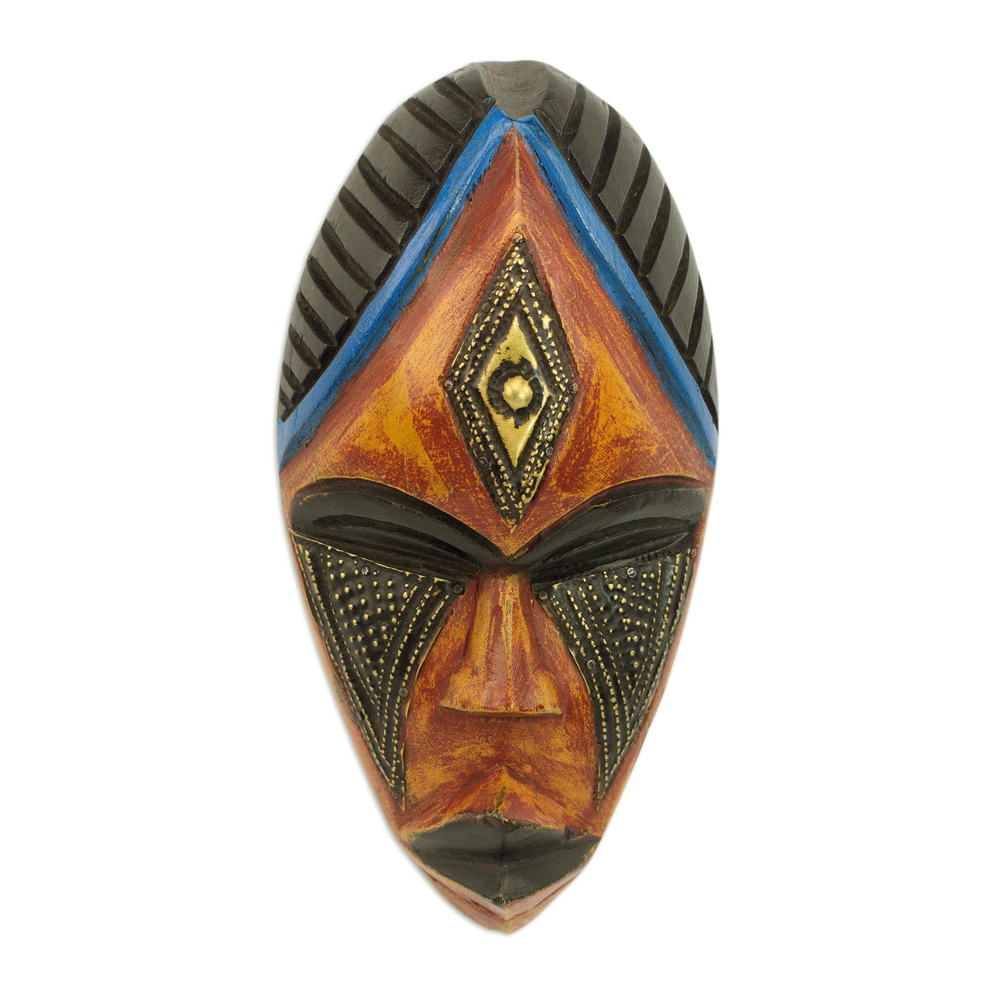 Premium Hand-Carved African Sese Wood Joy Mask with Brass Accents