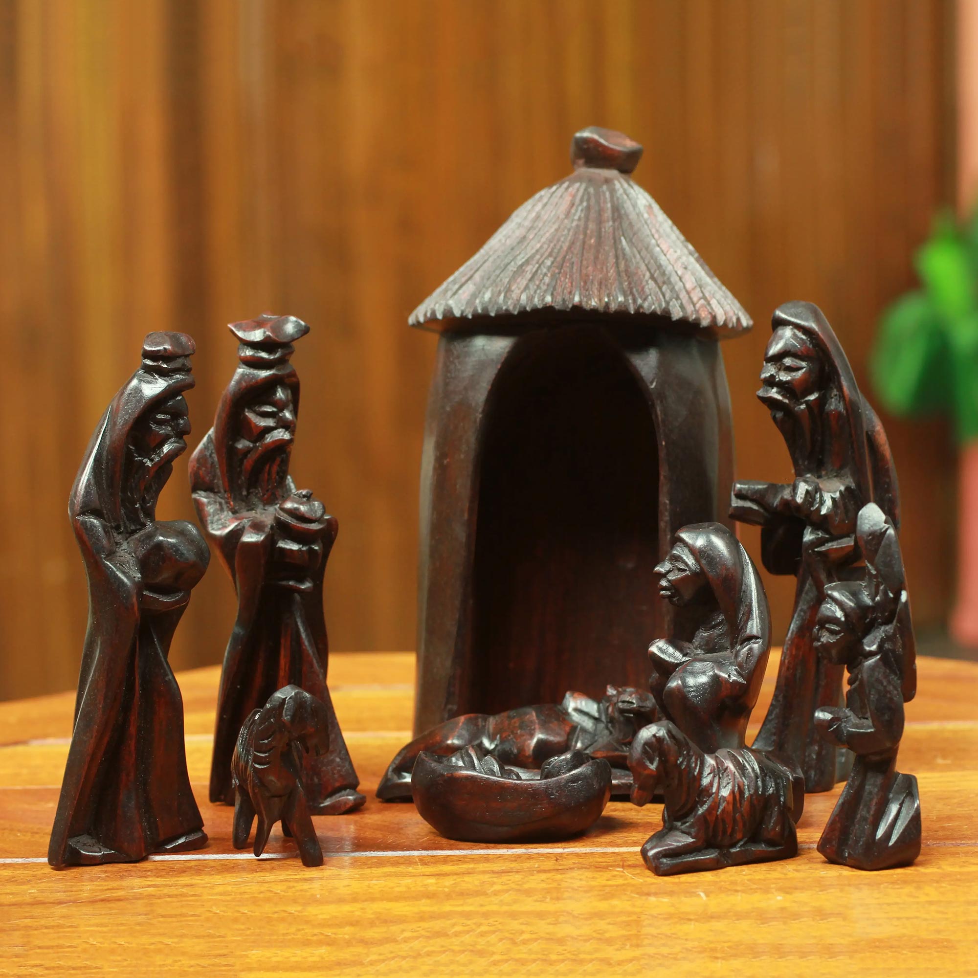 Premium Handcrafted Teak Wood Nativity Scene Sculpture - 14 Piece Set by Ghanaian Artisan