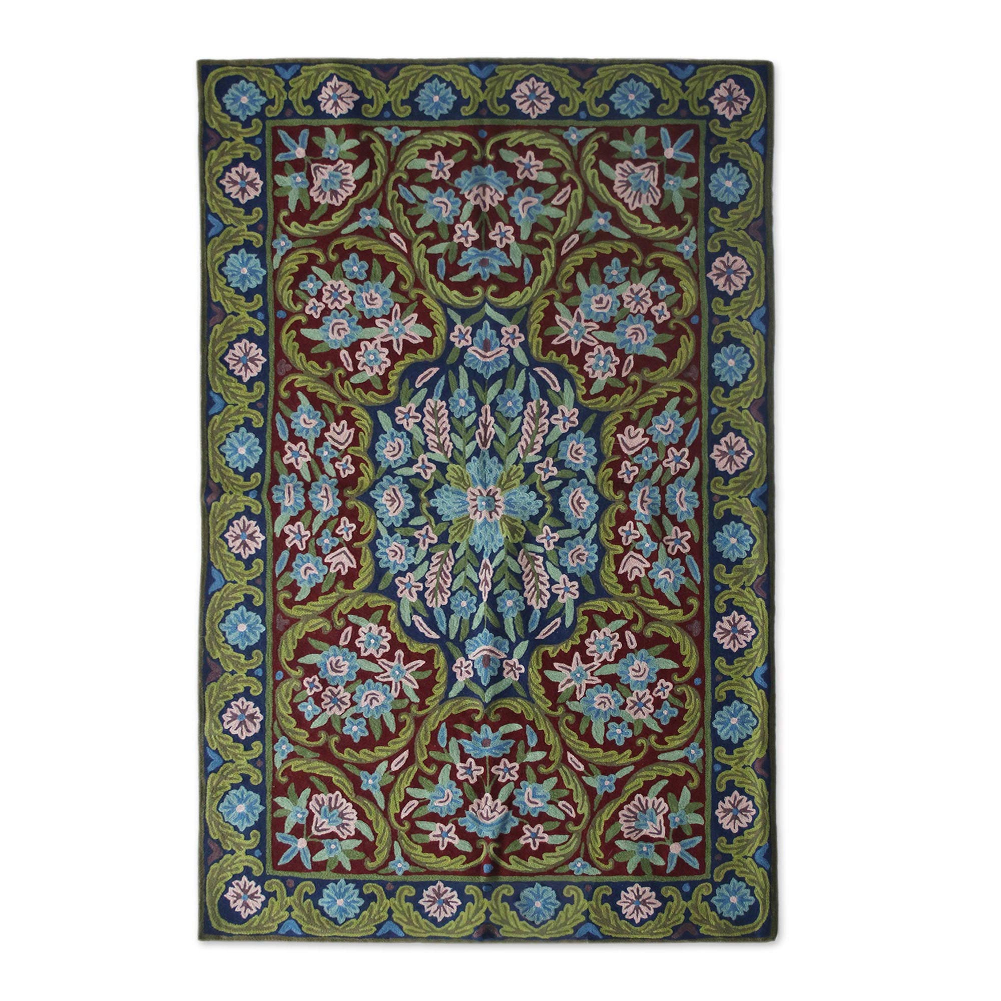 Premium Handcrafted Kashmir Festival Floral Geometric Rug – 3x5 Ft Chain Stitch Masterpiece