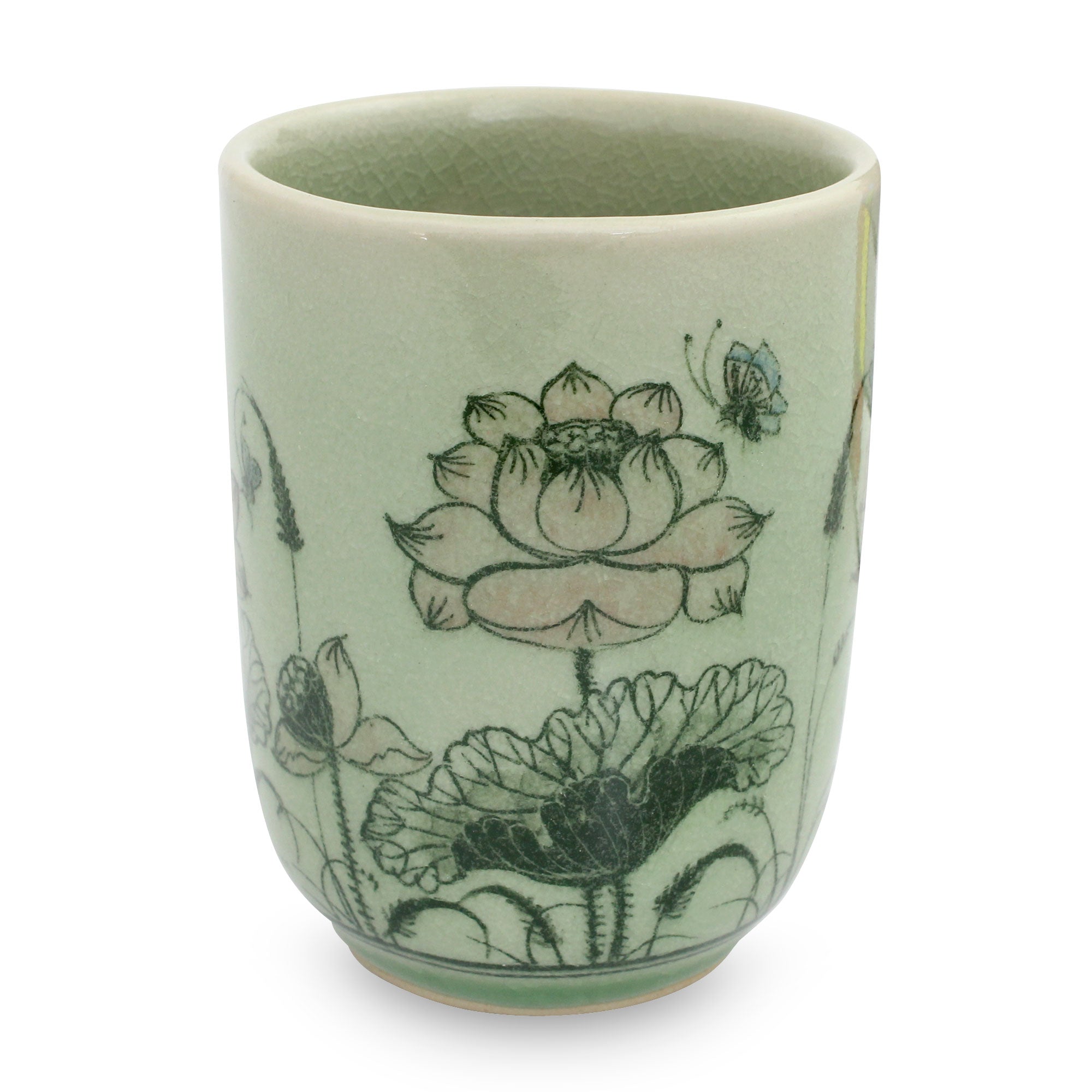 Premium Pink Lotus Butterflies Thai Celadon Teacup – Handcrafted Elegance