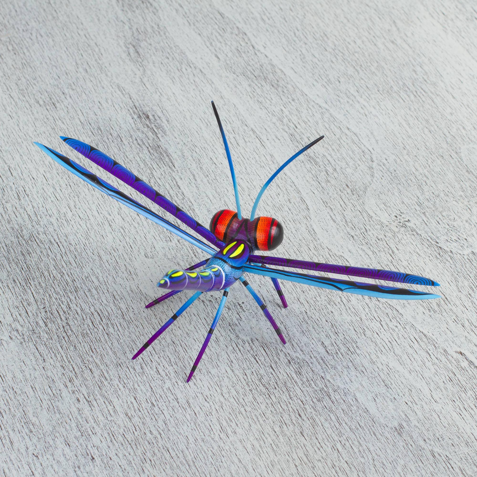 Premium Handcrafted Blue Copal Wood Dragonfly Sculpture - Authentic Mexican Artistry
