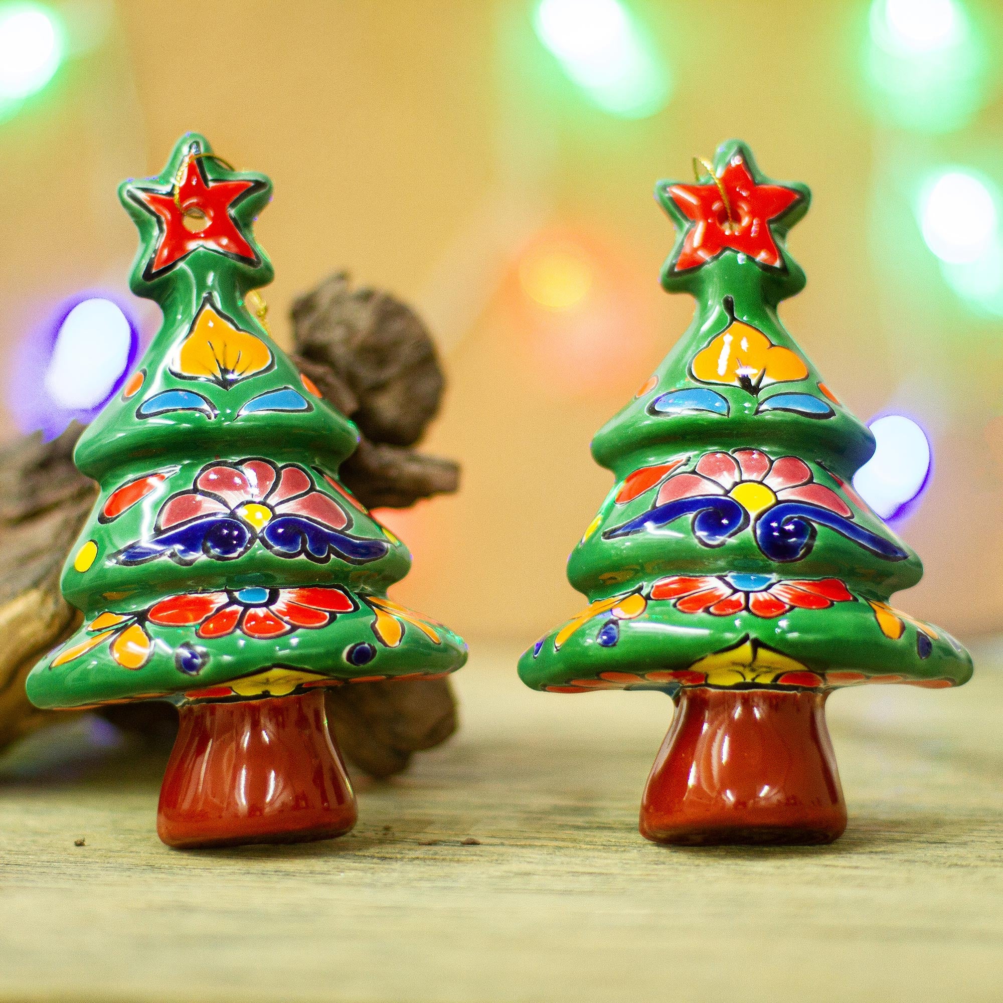 Premium Talavera Floral Ceramic Christmas Ornaments - Handcrafted Pair from Mexico