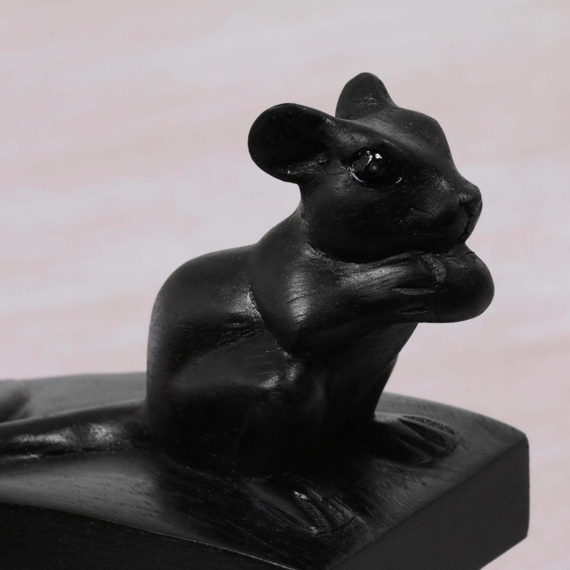 Premium Hand-Carved Black Suar Wood Mouse Door Stopper - Balinese Artisan Craft
