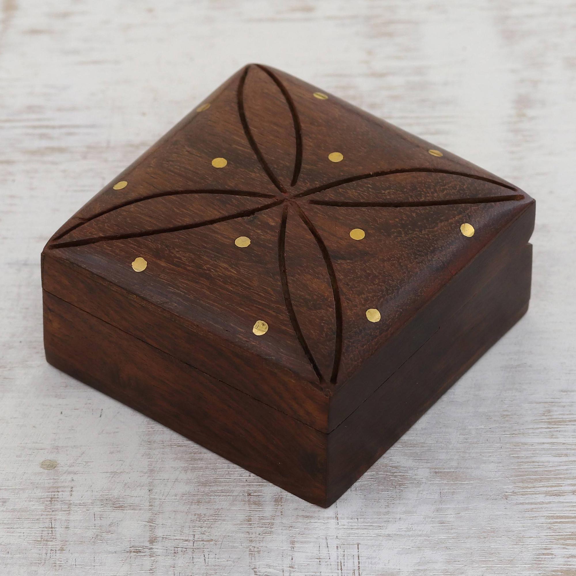 Premium Mango Wood Decorative Box with Brass Dot Inlay - Elegant Hinged-Lid Design