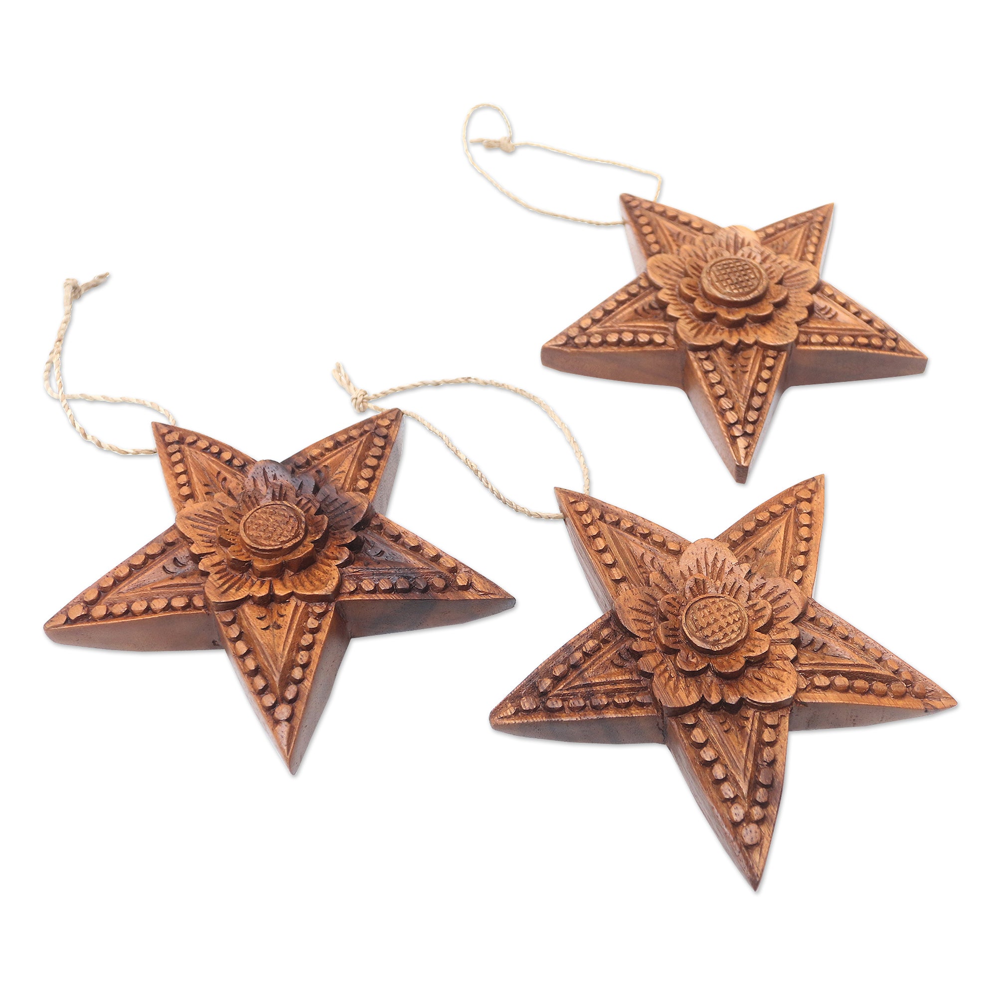 Premium Hand-Carved Star-Shaped Christmas Ornaments – Set of 3