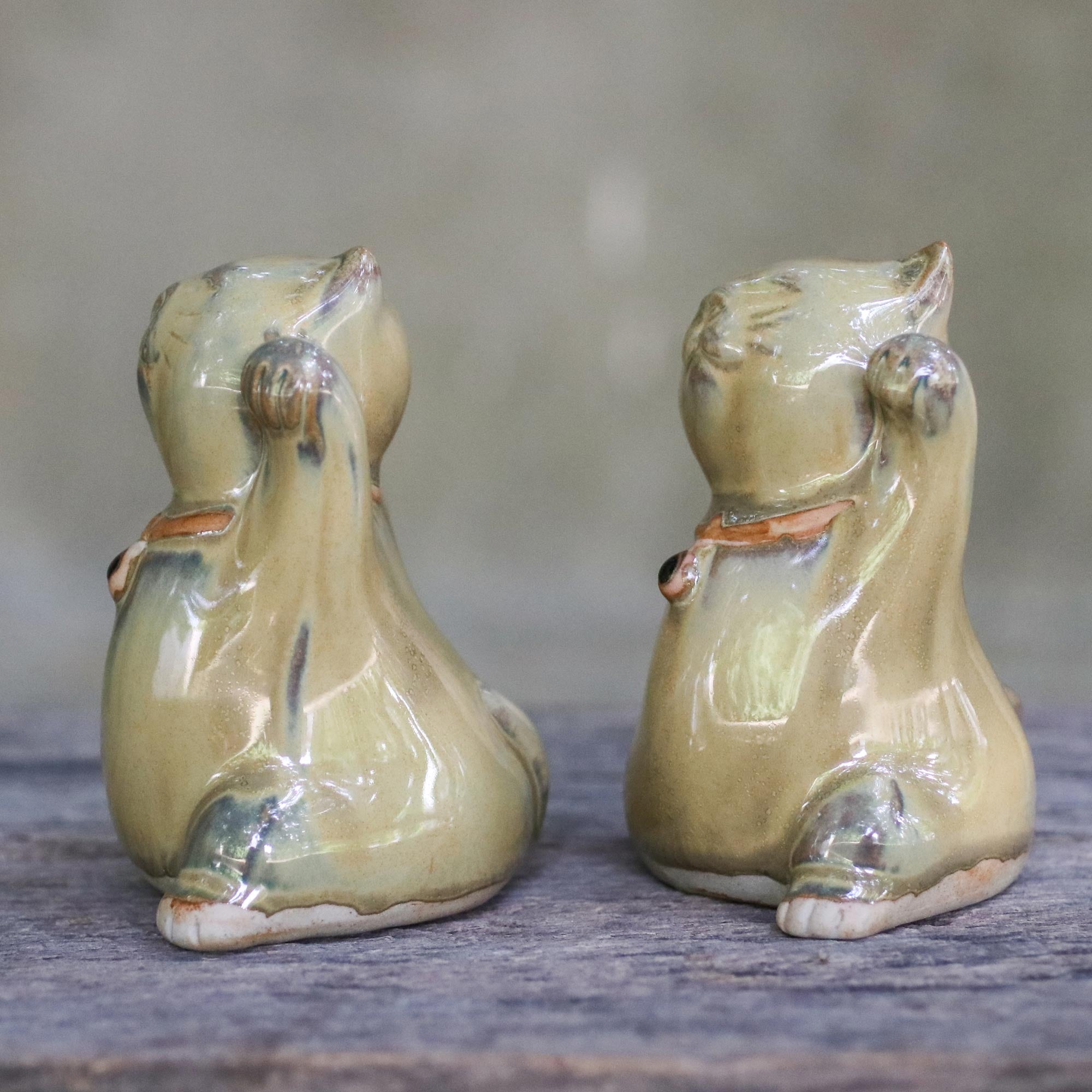 Premium Yellow Ceramic Lucky Cat Duo – Handcrafted in Thailand