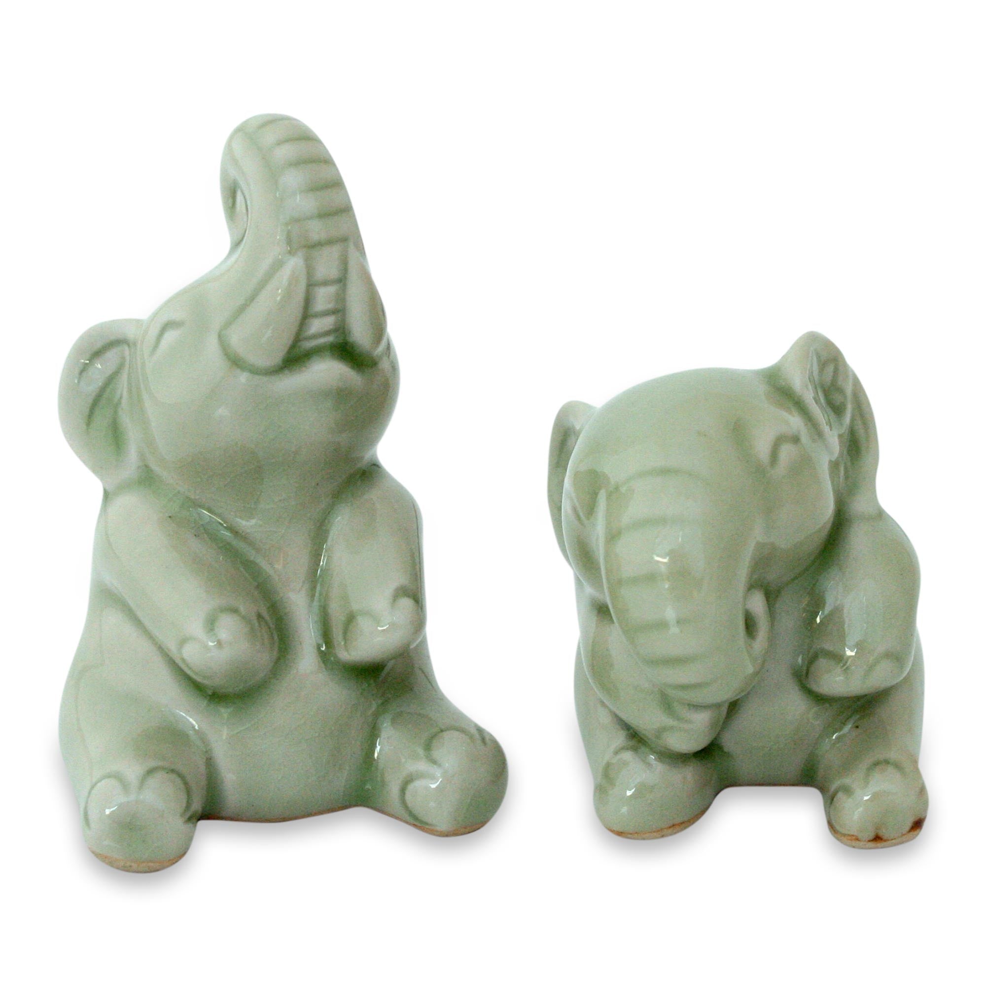 Premium Handmade Celadon Green Elephant Sculptures - Laughing Pachyderm Pair