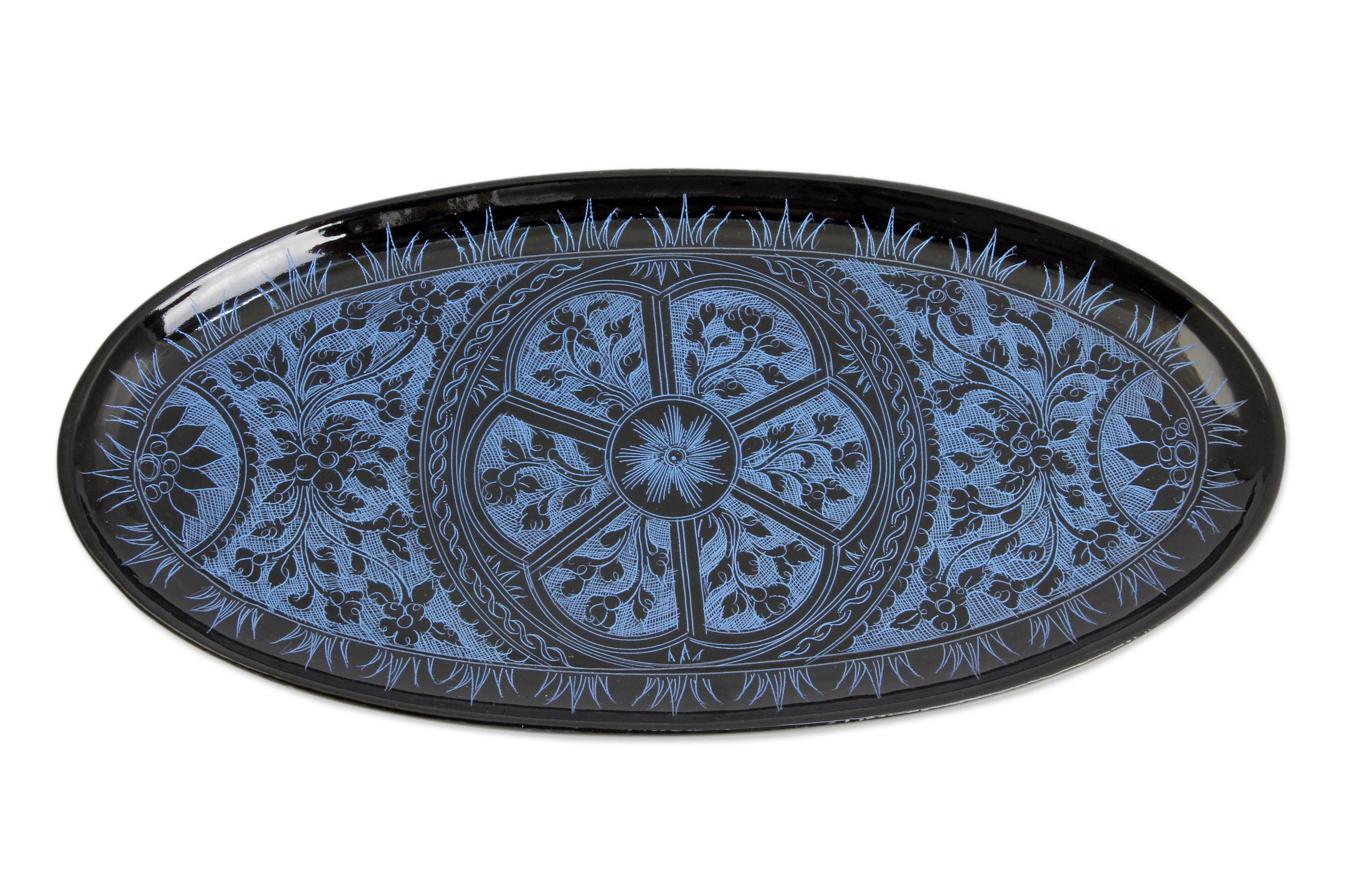 Premium Floral Medallion Blue Lacquered Catchall Tray - Handcrafted Elegance