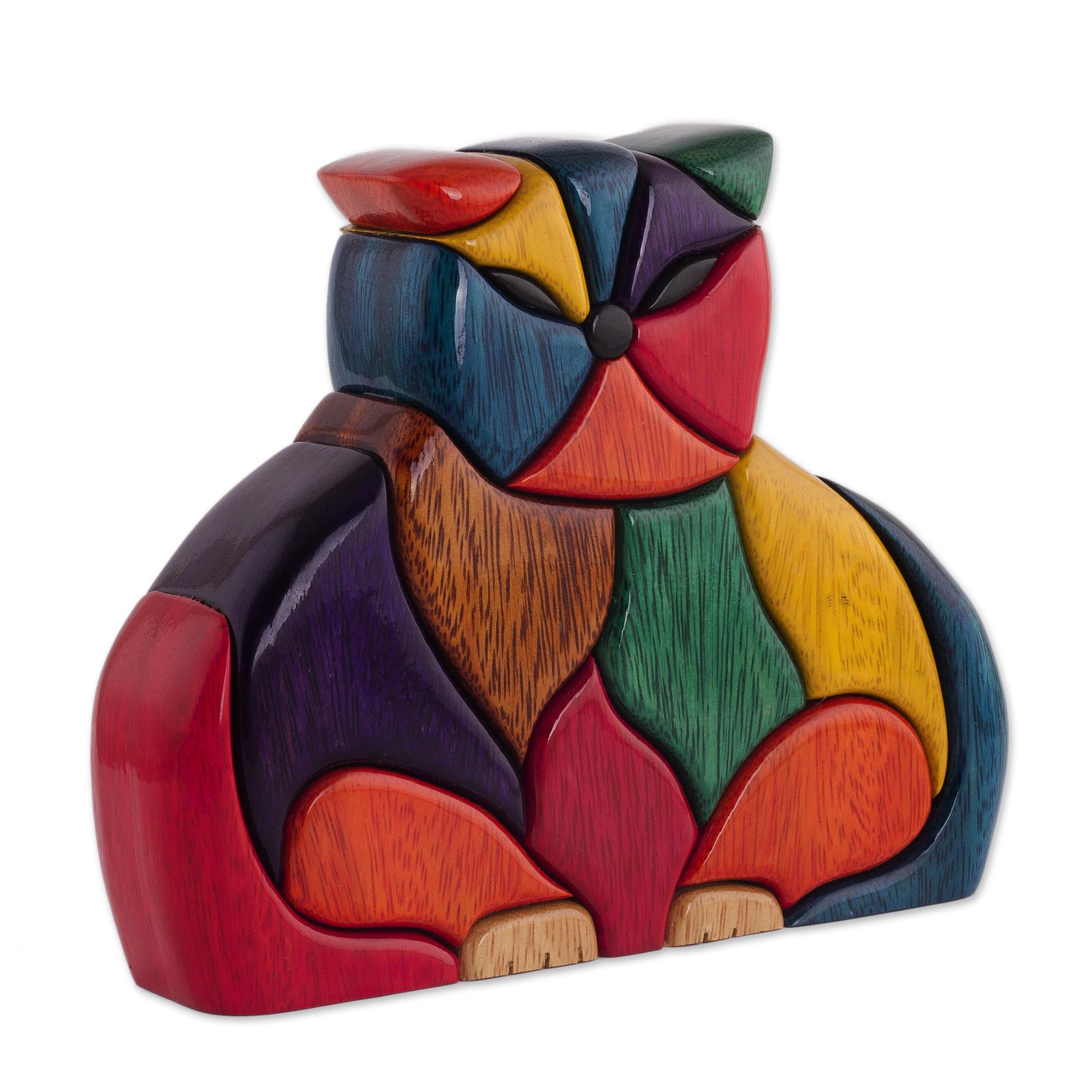 Premium Handcrafted Patchwork Cat Sculpture in Ishpingo Wood