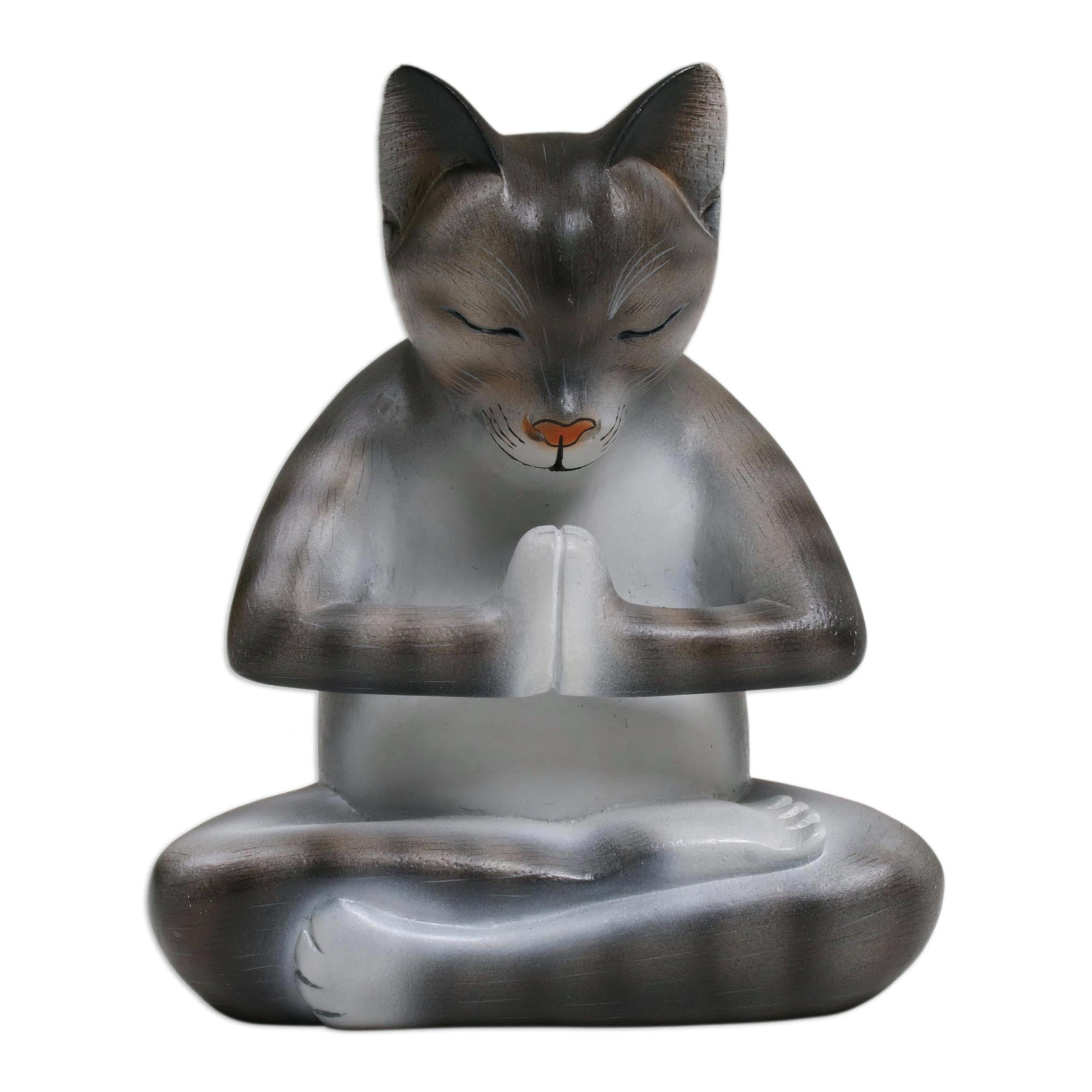 Premium Meditating Cat Sculpture in Grey & White – Handcrafted Suar Wood Art from Bali