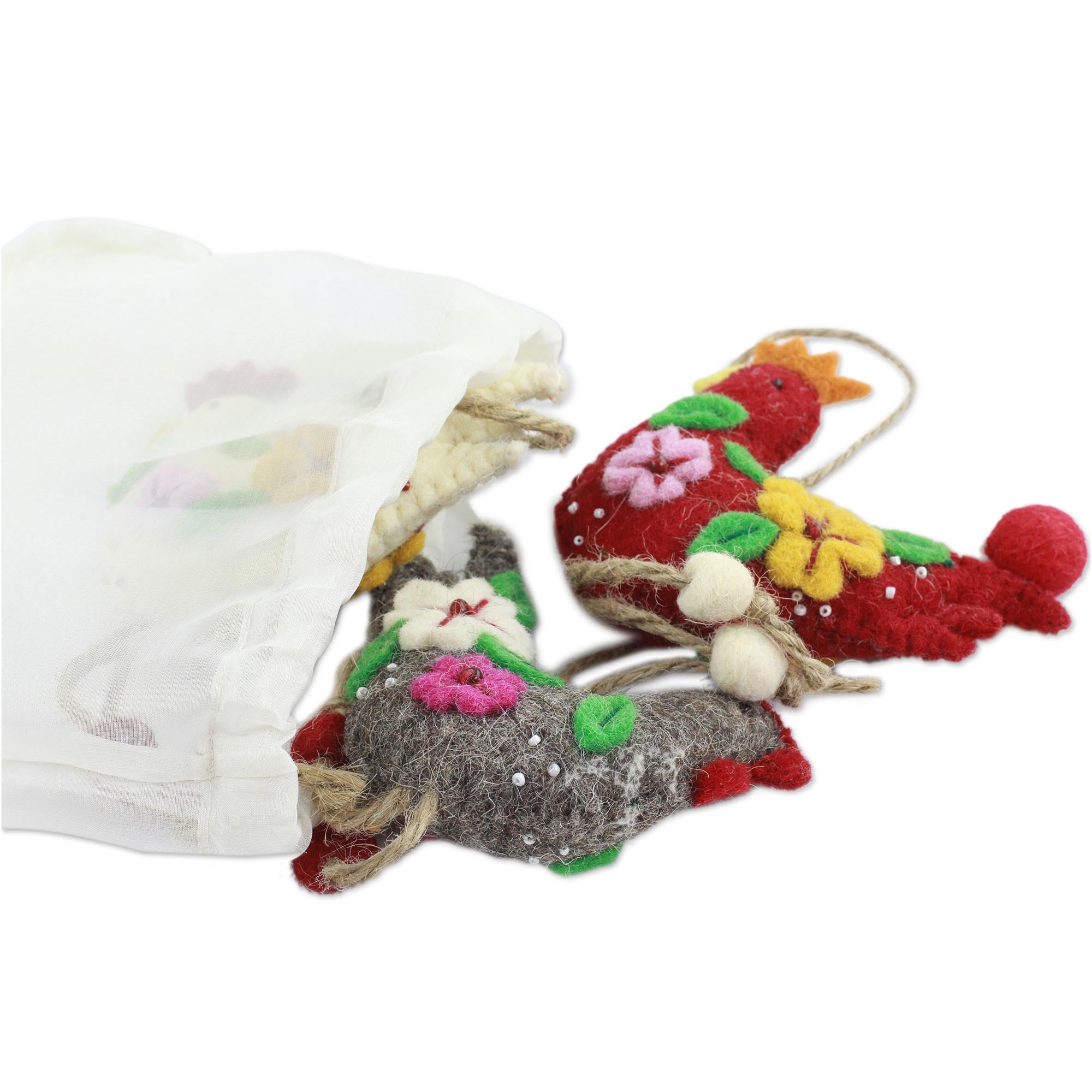 Premium Handcrafted French Hens Wool Felt Ornaments – Set of 3