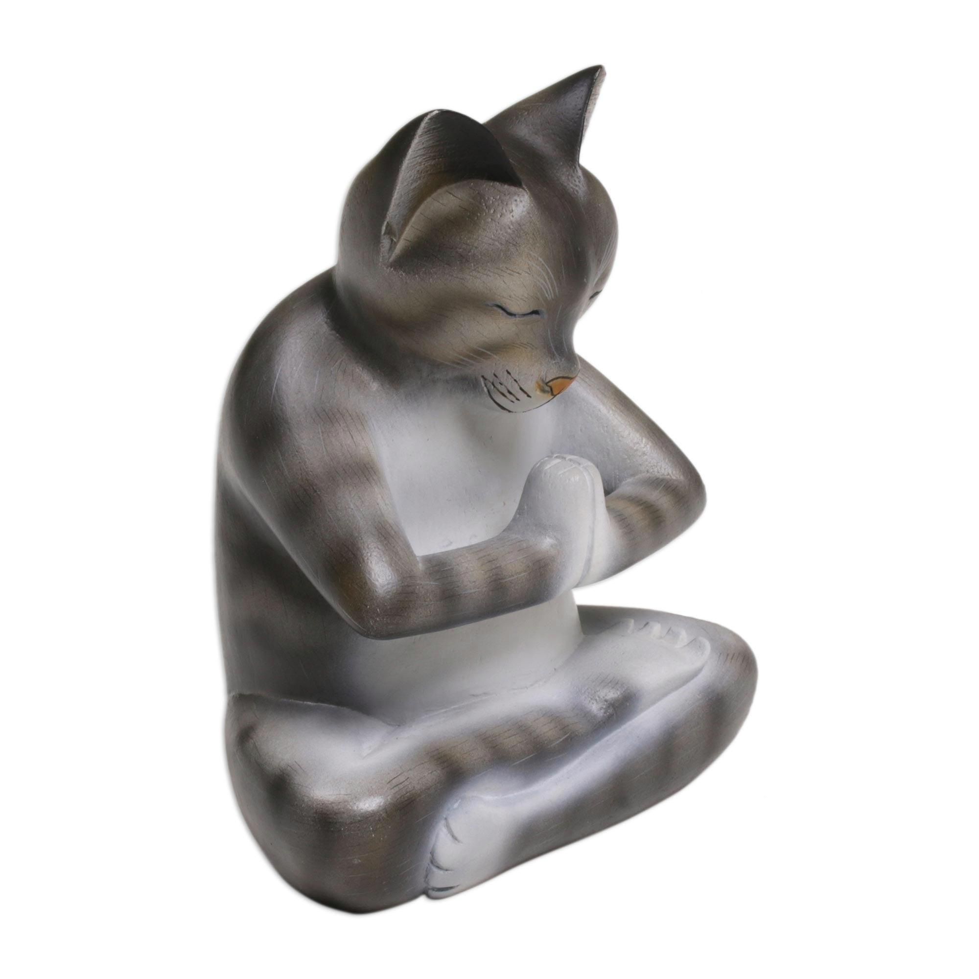 Premium Meditating Cat Sculpture in Grey & White – Handcrafted Suar Wood Art from Bali