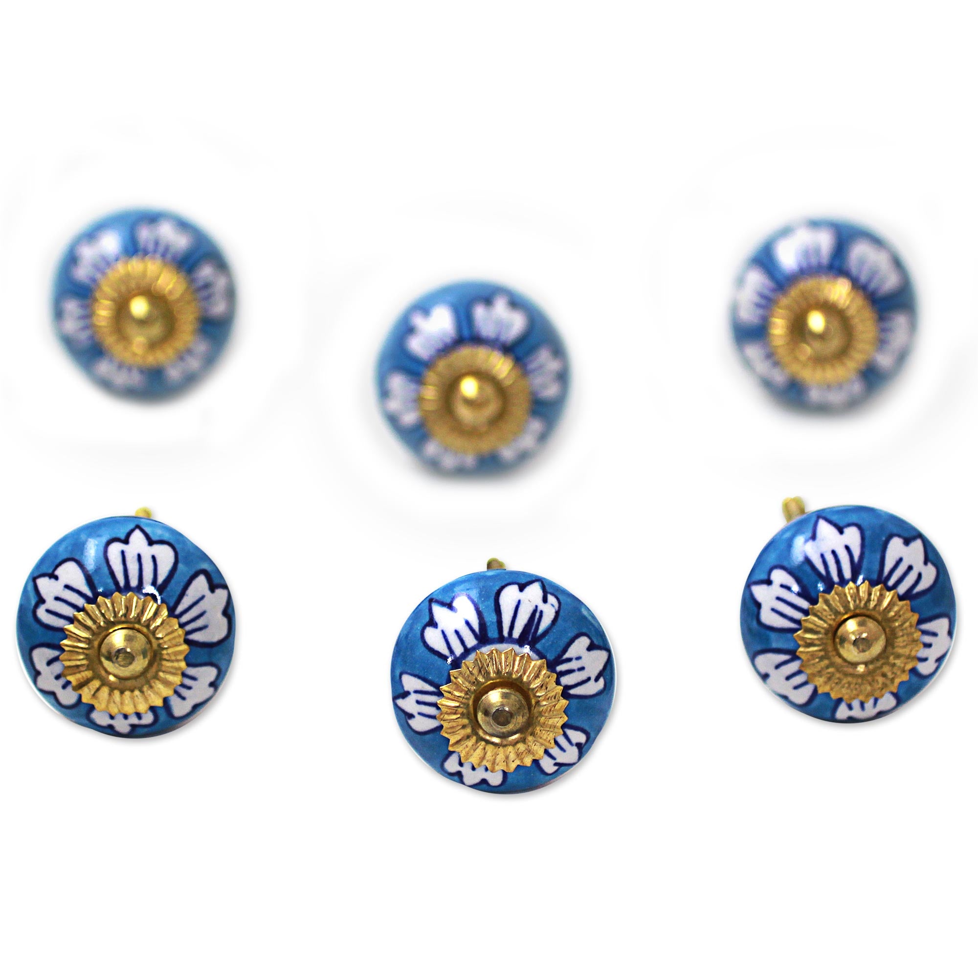 Premium Blue Floral Ceramic Cabinet Knobs - Handcrafted Set of 6