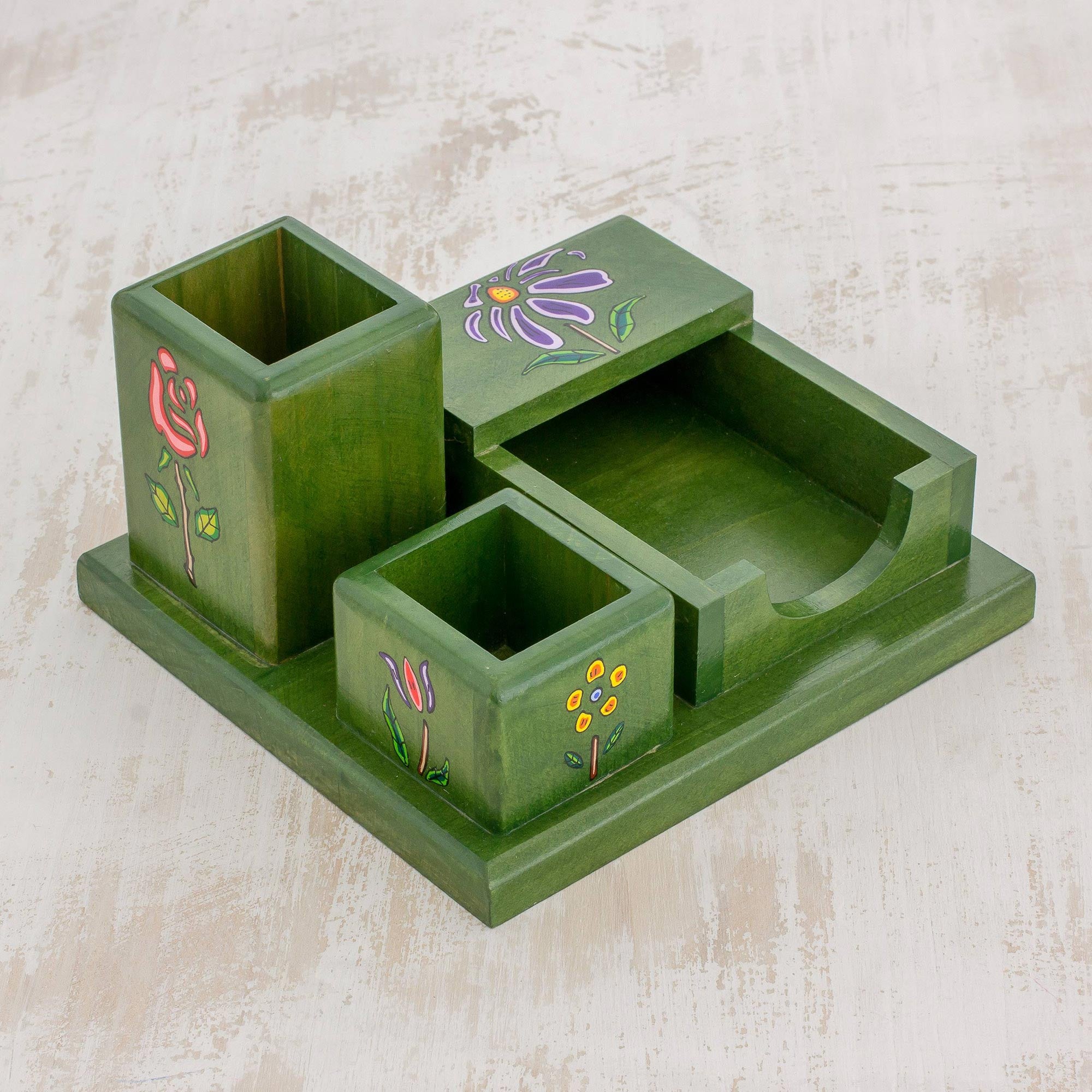 Premium Hand-Painted Pinewood Desk Organizer with Vivid Floral Design