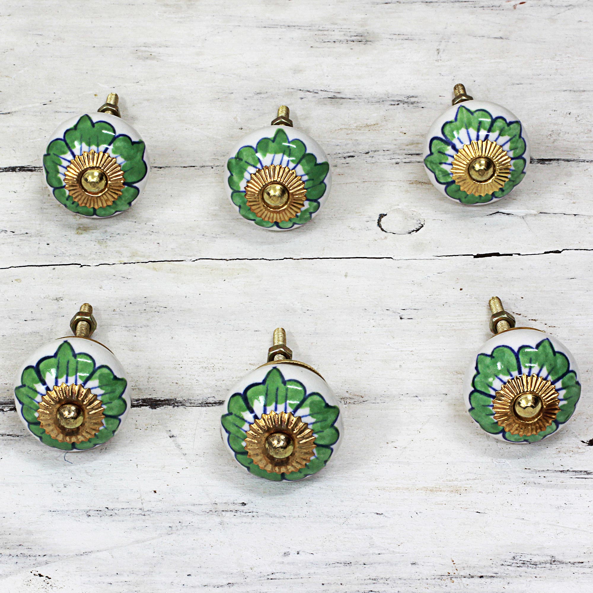 Premium Handcrafted Floral Ceramic Cabinet Knobs - Green & White (Set of 6)