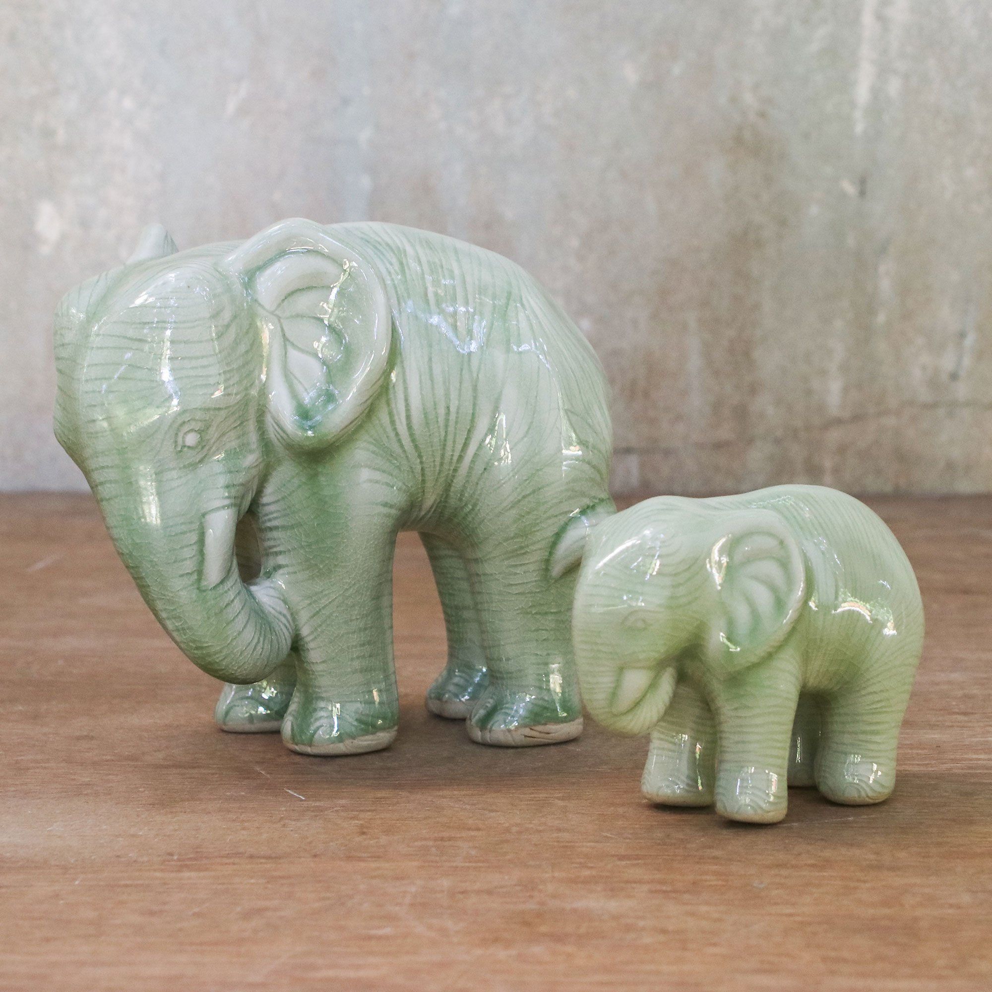 Premium Mother & Baby Elephant Celadon Ceramic Sculptures