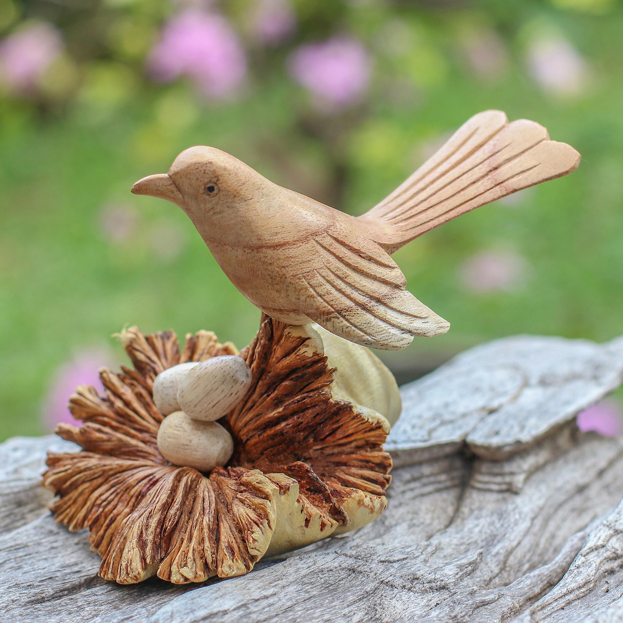 Premium Hand-Carved Nesting Bird Sculpture - Unique Benalu & Jempinis Wood Art