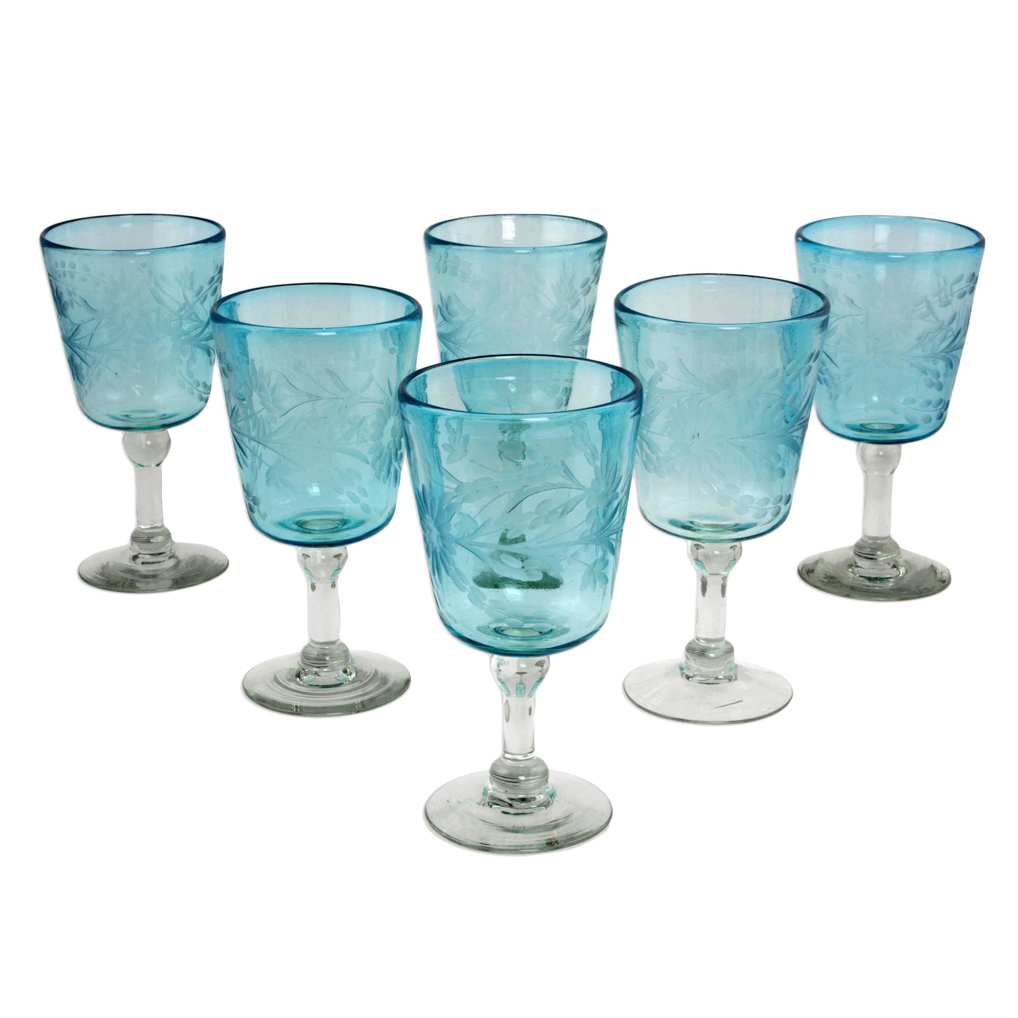 Premium Aquamarine Sunflower Hand-Blown Wine Glasses Set of 6 - Unique Artisan Craftsmanship