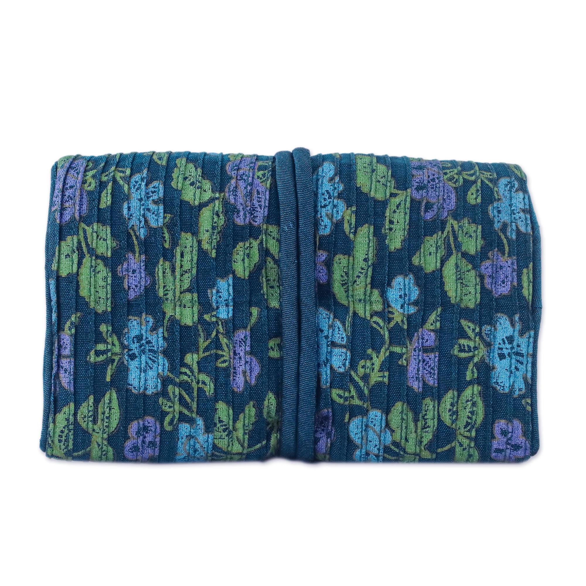 Premium Floral Jewelry Roll - Rayon & Silk Blend in Blue | Handcrafted in Thailand