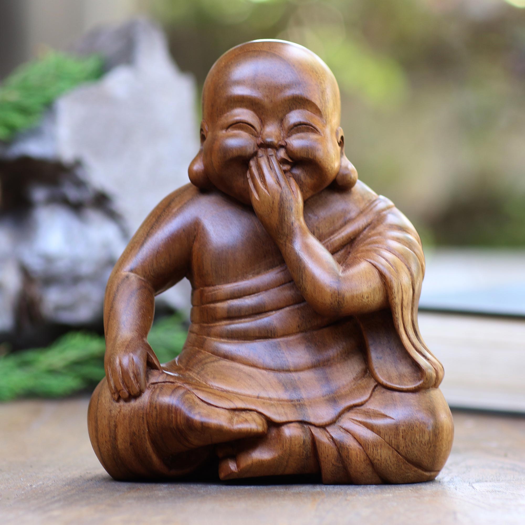 Premium Handcrafted Laughing Buddha Statue - Serene Suar Wood Sculpture