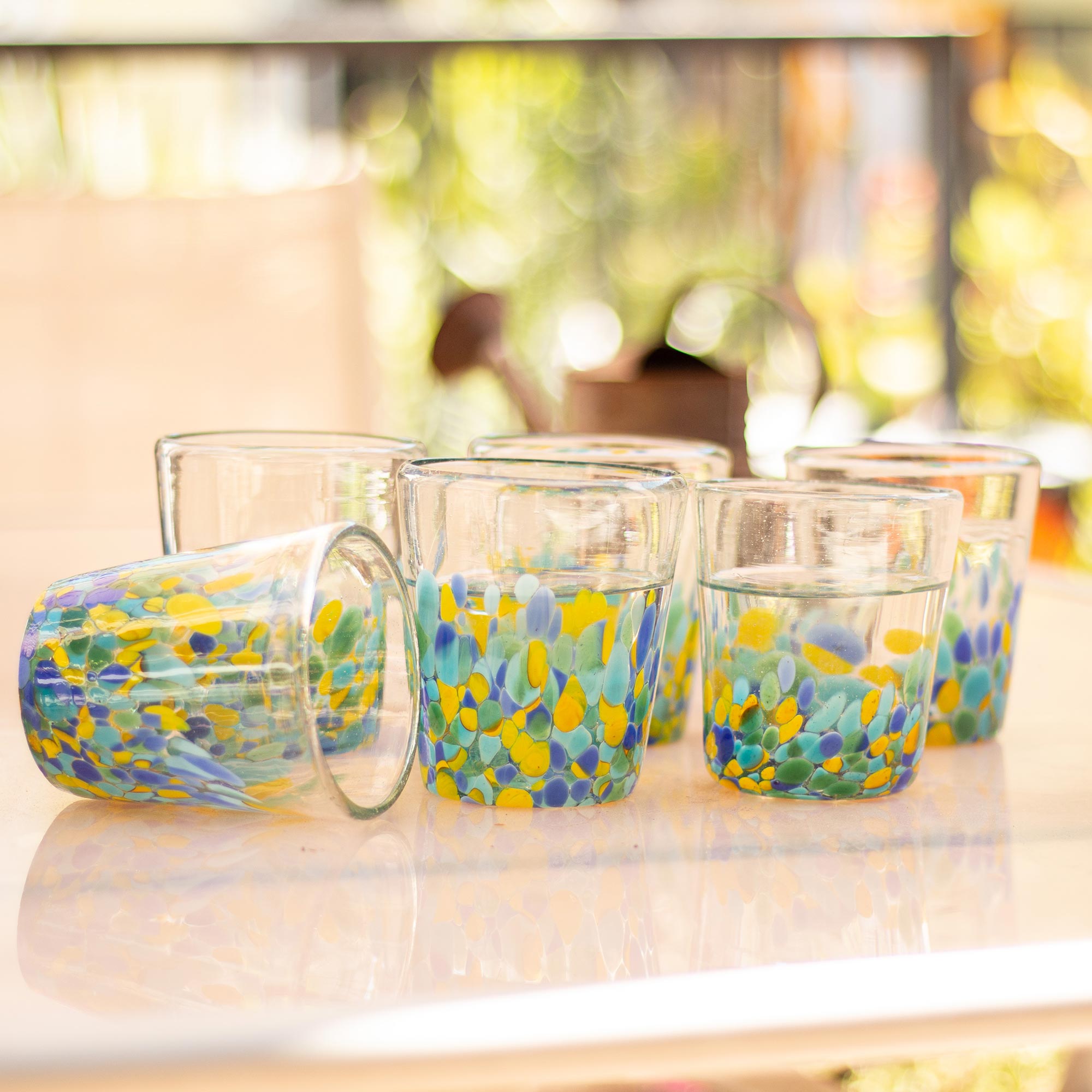Premium Tropical Confetti Recycled Glass Rocks Glasses - Set of 6, 11 Oz.