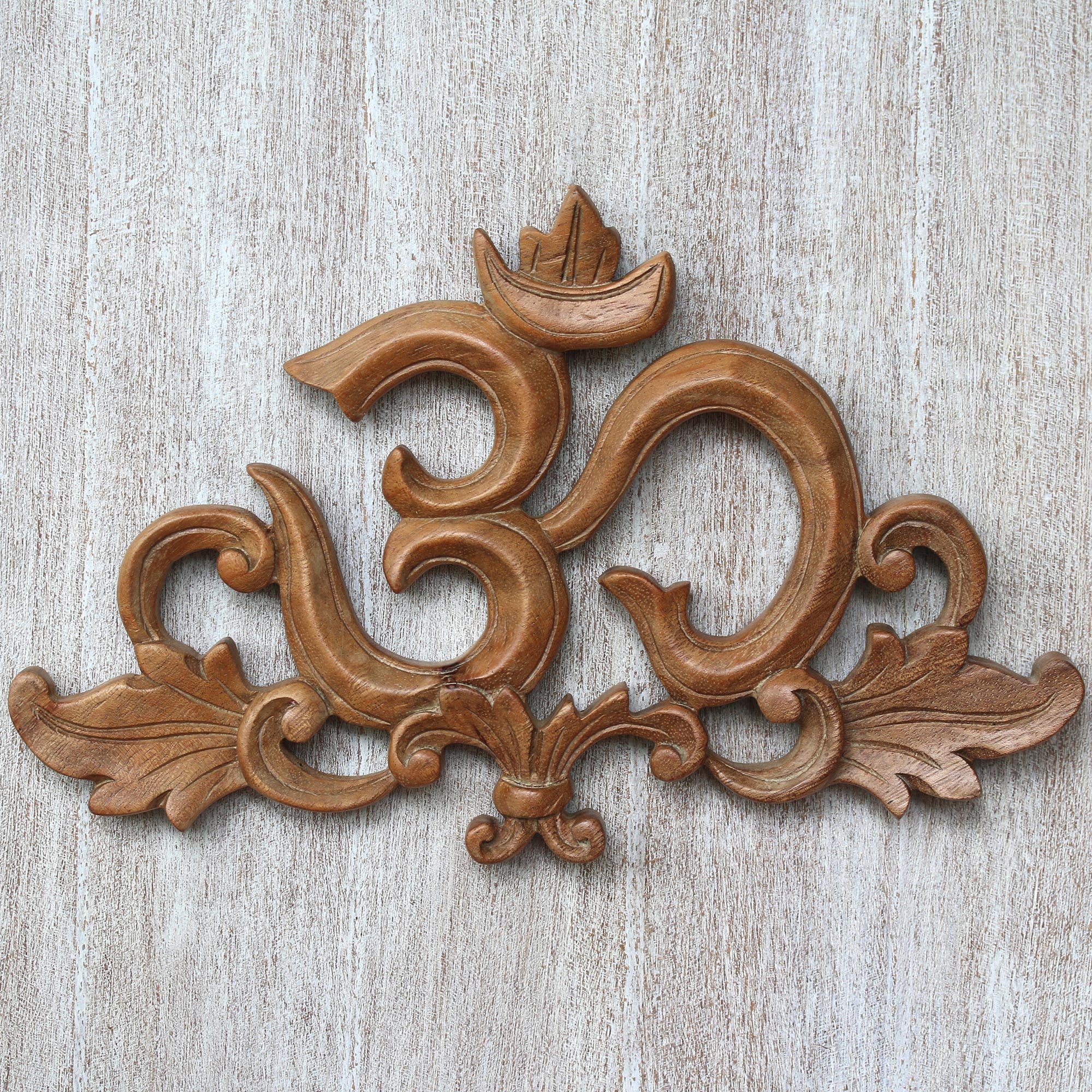 Premium Handcrafted Suar Wood Om Relief Panel - Leafy Design from Bali