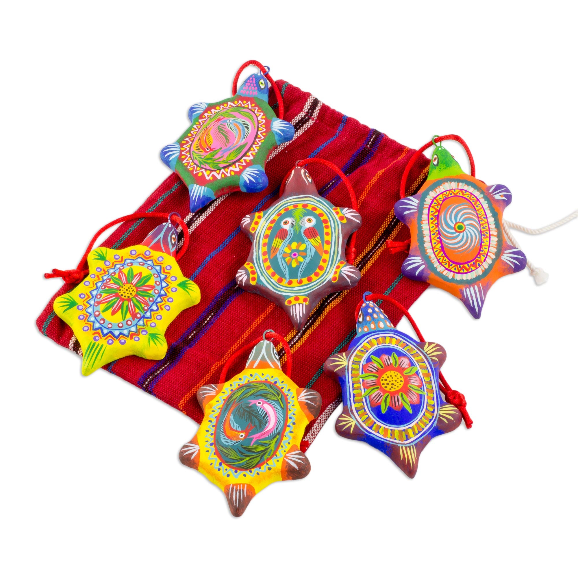 Premium Handcrafted Guatemalan Ceramic Turtle Ornaments - Tropical Turtles Set of 6