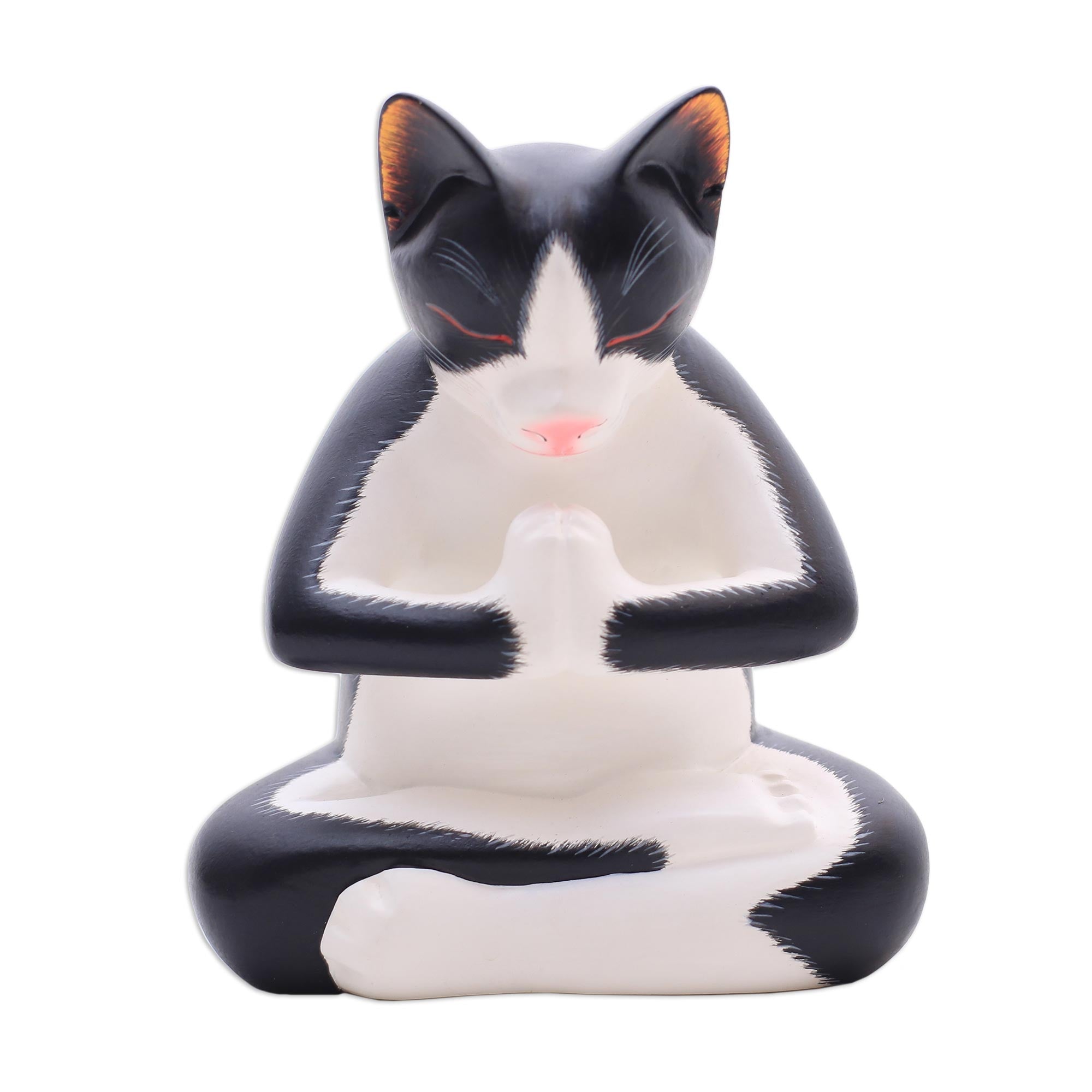Premium Meditating Tuxedo Cat Wood Sculpture - Handcrafted in Bali