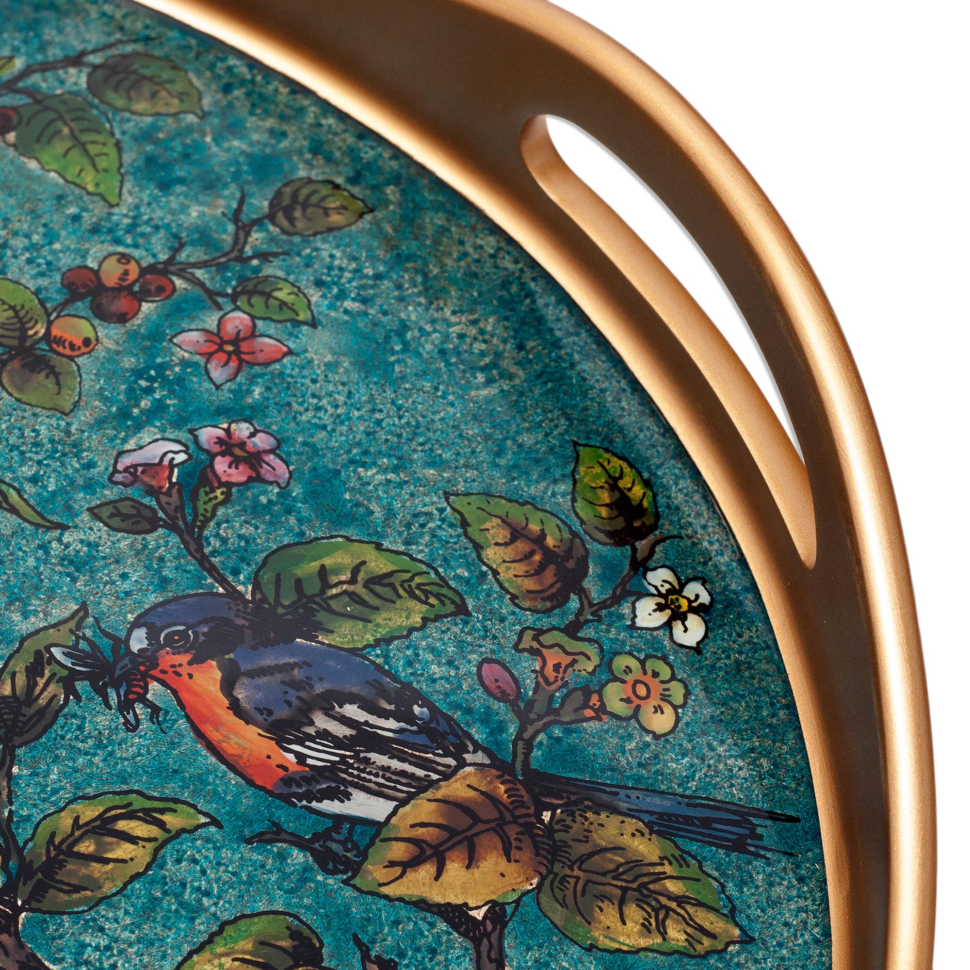 Premium Turquoise Floral & Bird Reverse-Painted Glass Tray - Handcrafted in Peru