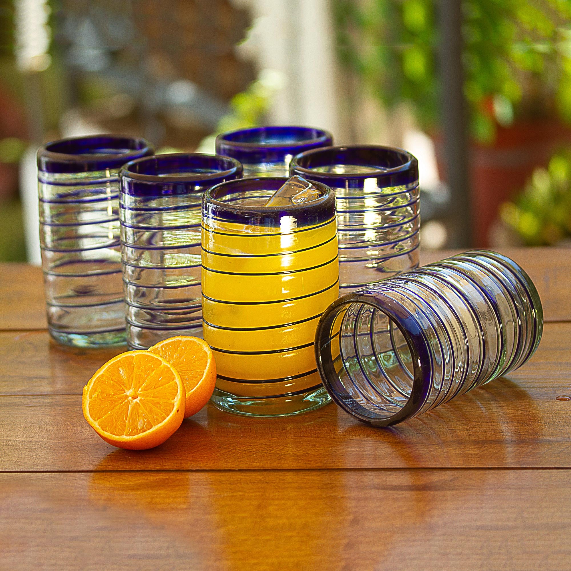 Premium Spirals of Thought Handblown Recycled Glass Striped Blue Drinkware Set - 6 Piece