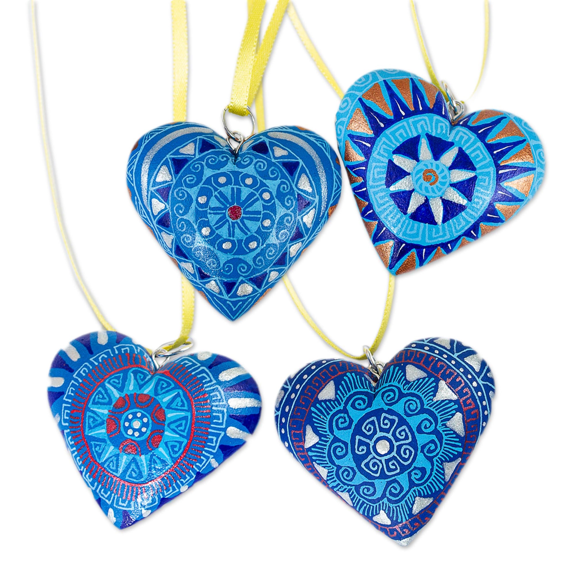 Premium Hand-Painted Blue Zapotec Heart Ornaments - Set of 4