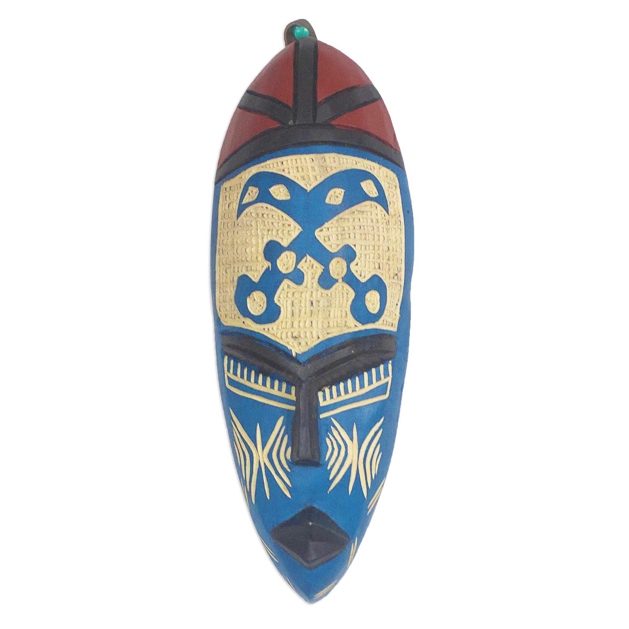 Premium Courageous Ohene African Wall Mask - Handcrafted Blue & Cream Wood Art