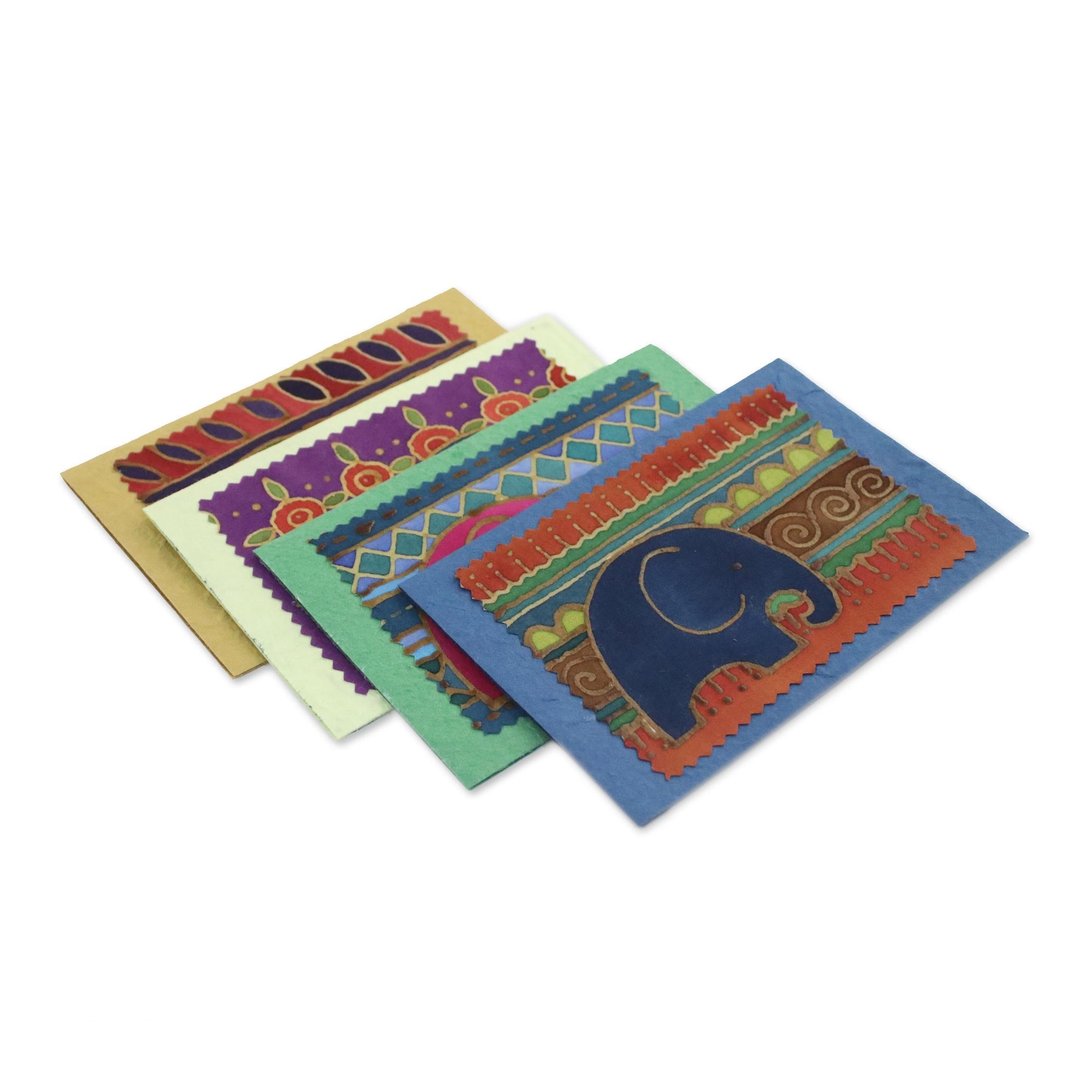 Premium Elephant Journeys Batik Cotton Greeting Card Set (4-Pack)