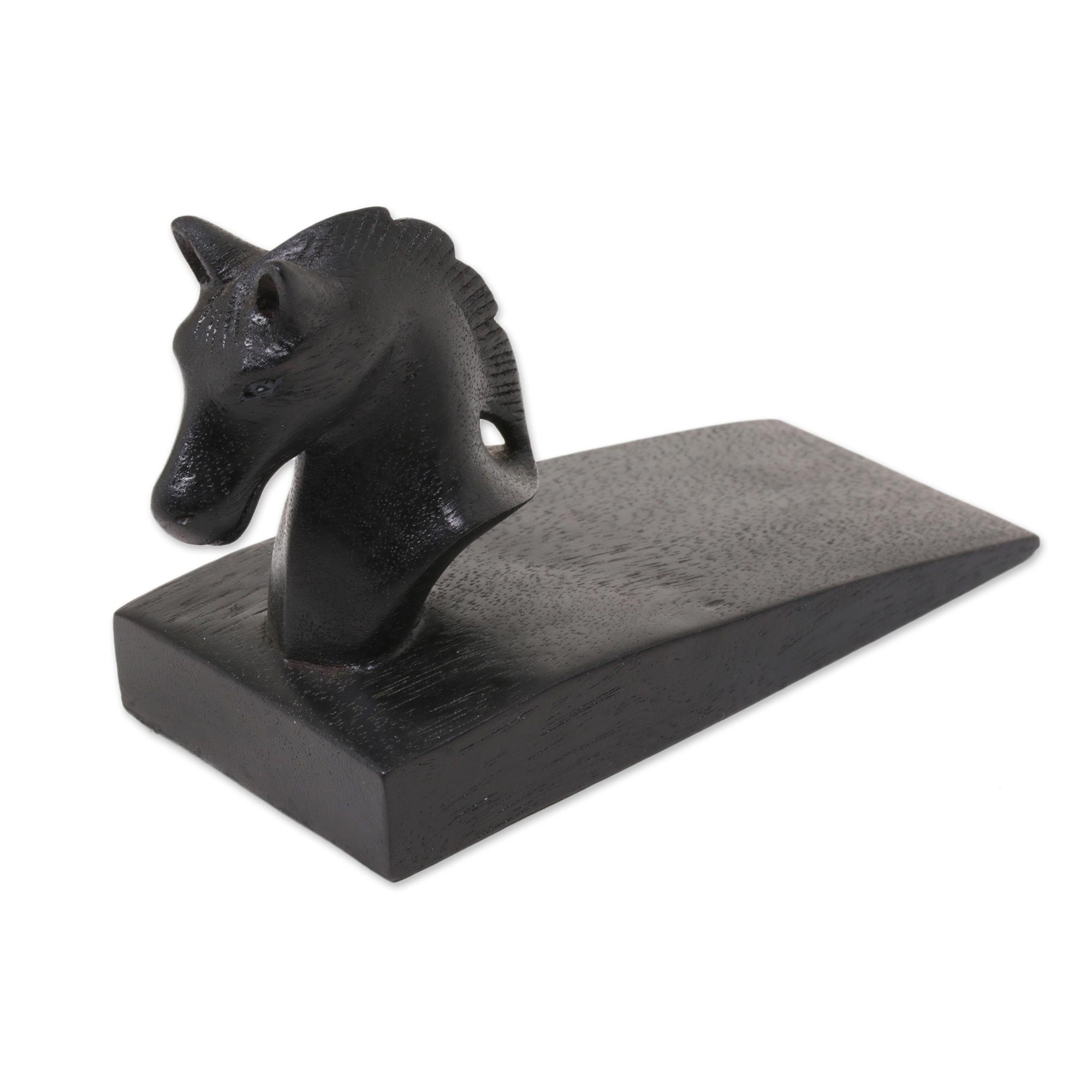 Premium Black Suar Wood Horse Door Stopper - Handcrafted in Bali
