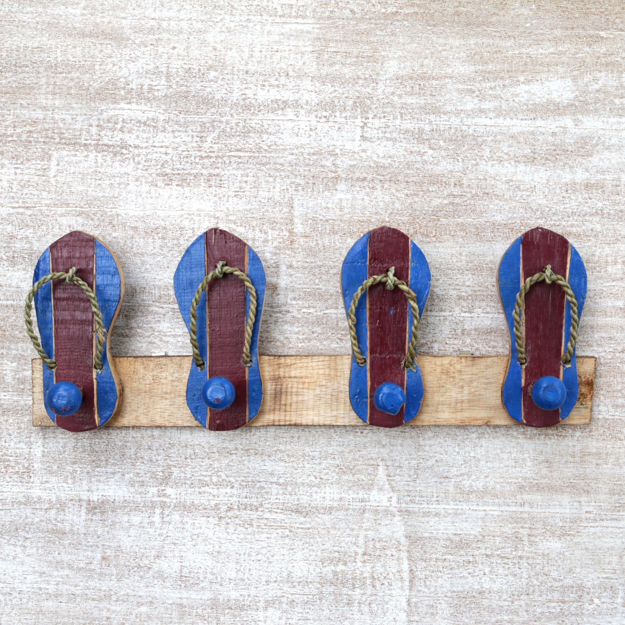Premium Hand-Carved Wooden Coat Rack with Flip Flop Design – Rustic Maroon & Blue