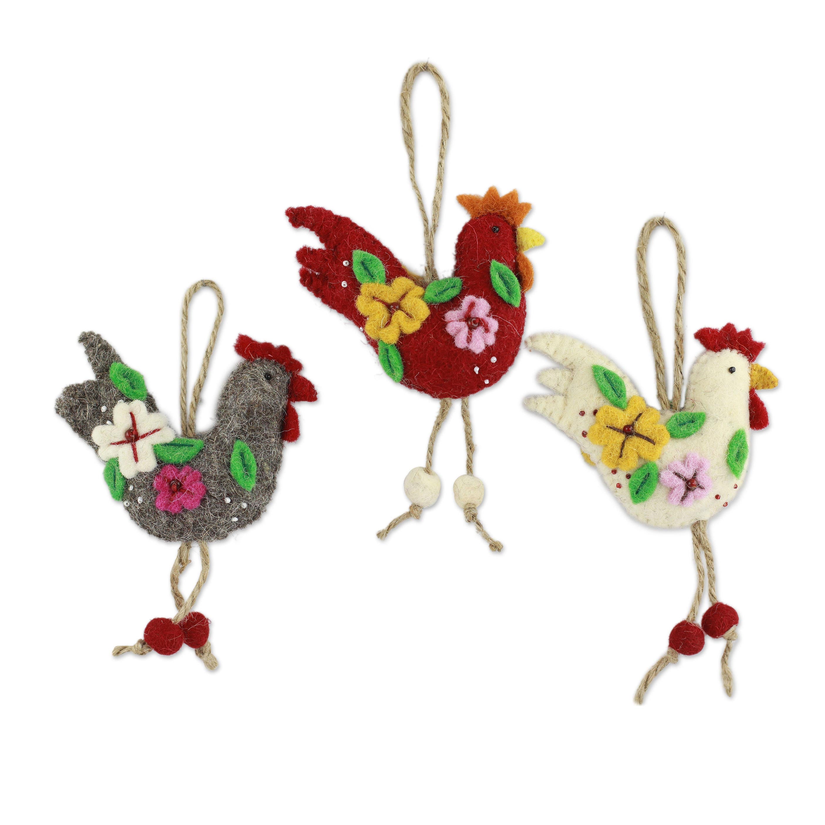 Premium Handcrafted French Hens Wool Felt Ornaments – Set of 3