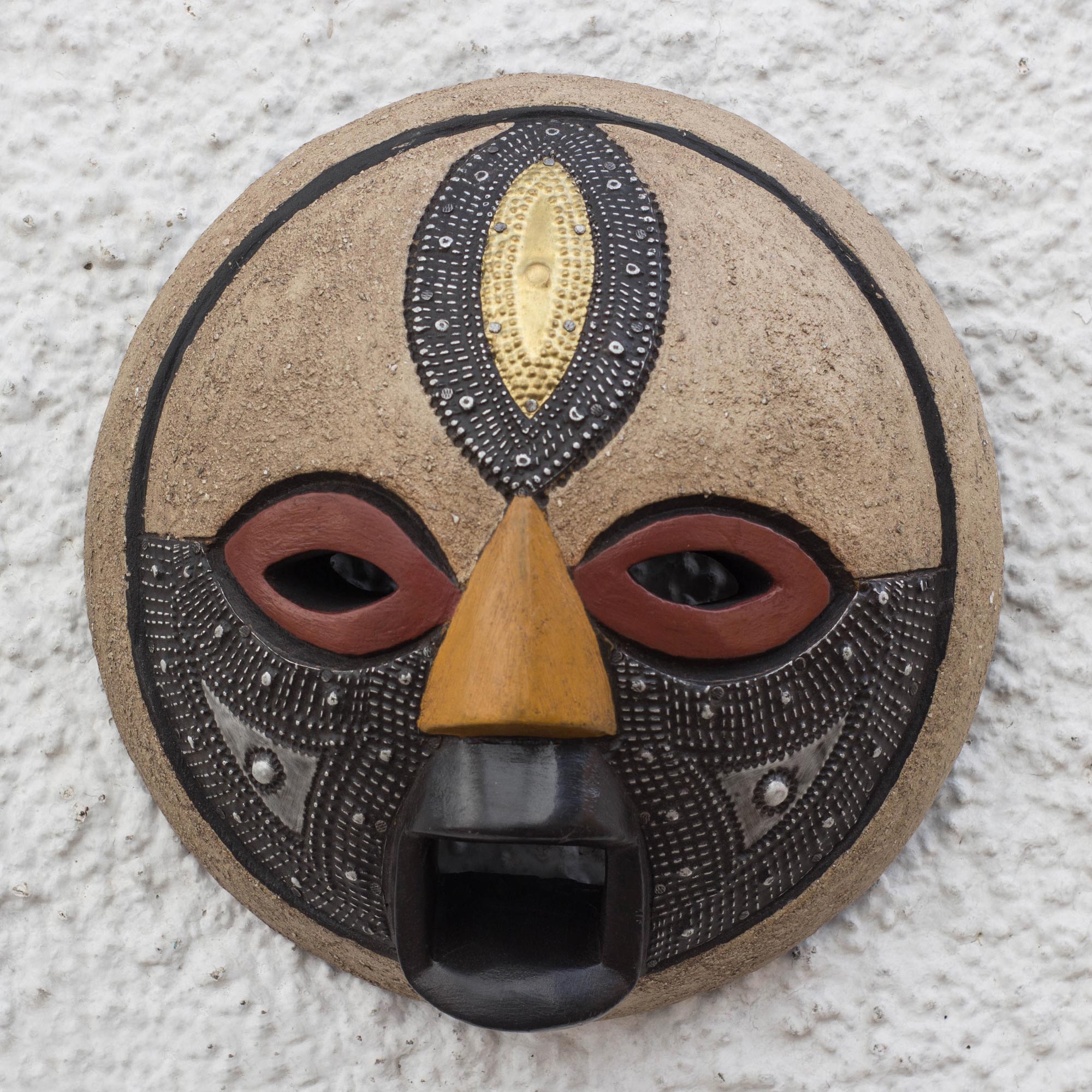 Premium Third Eye African Wood Mask with Brass & Aluminum Accents - Handcrafted Wall Decor