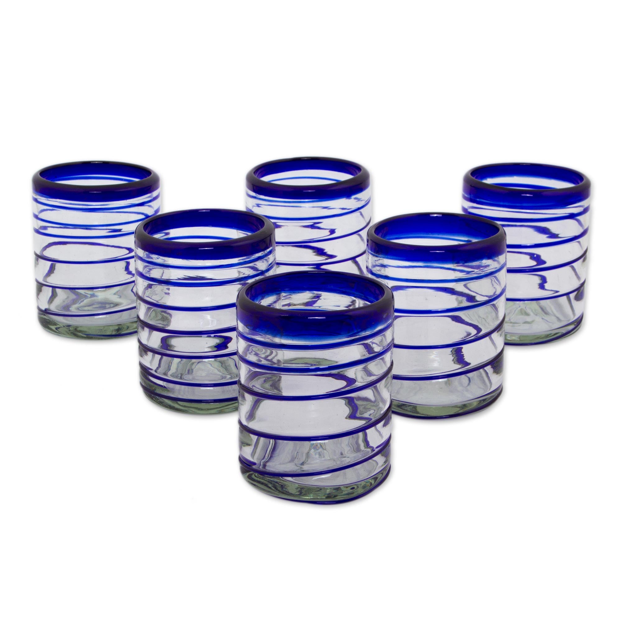 Premium Hand-Blown Recycled Glass Cobalt Spiral Rocks Glasses - Set of 6