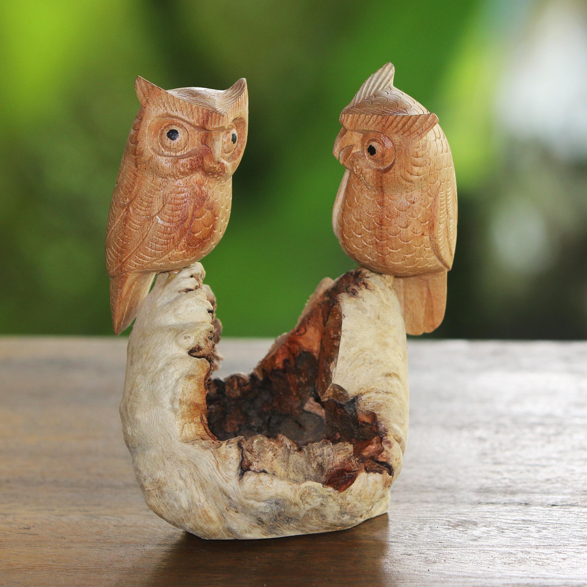 Premium Hand-Carved Owl Couple Sculpture in Natural Jempinis Wood