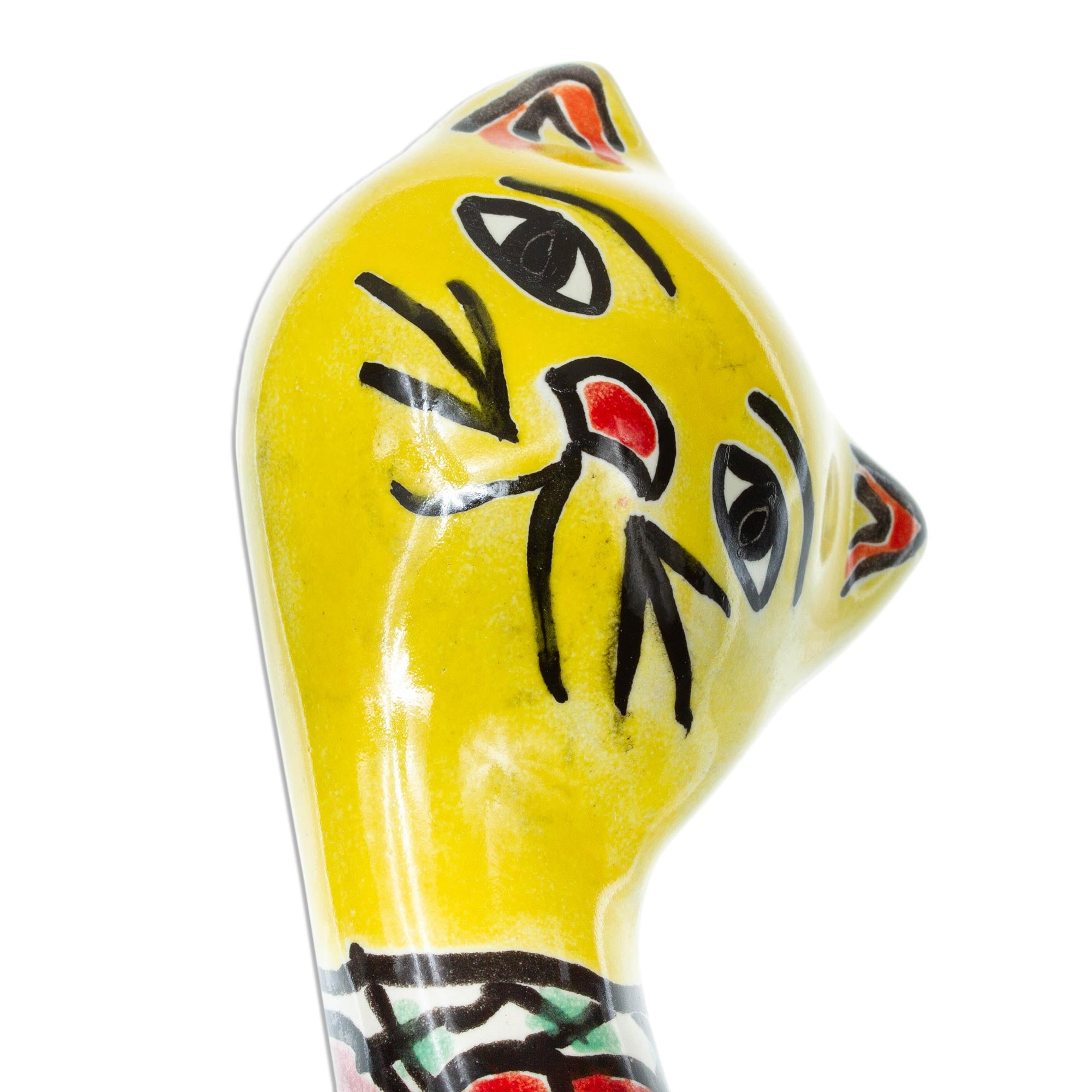 Premium Talavera Cat Statue - Hand-Painted Yellow Floral Ceramic Art