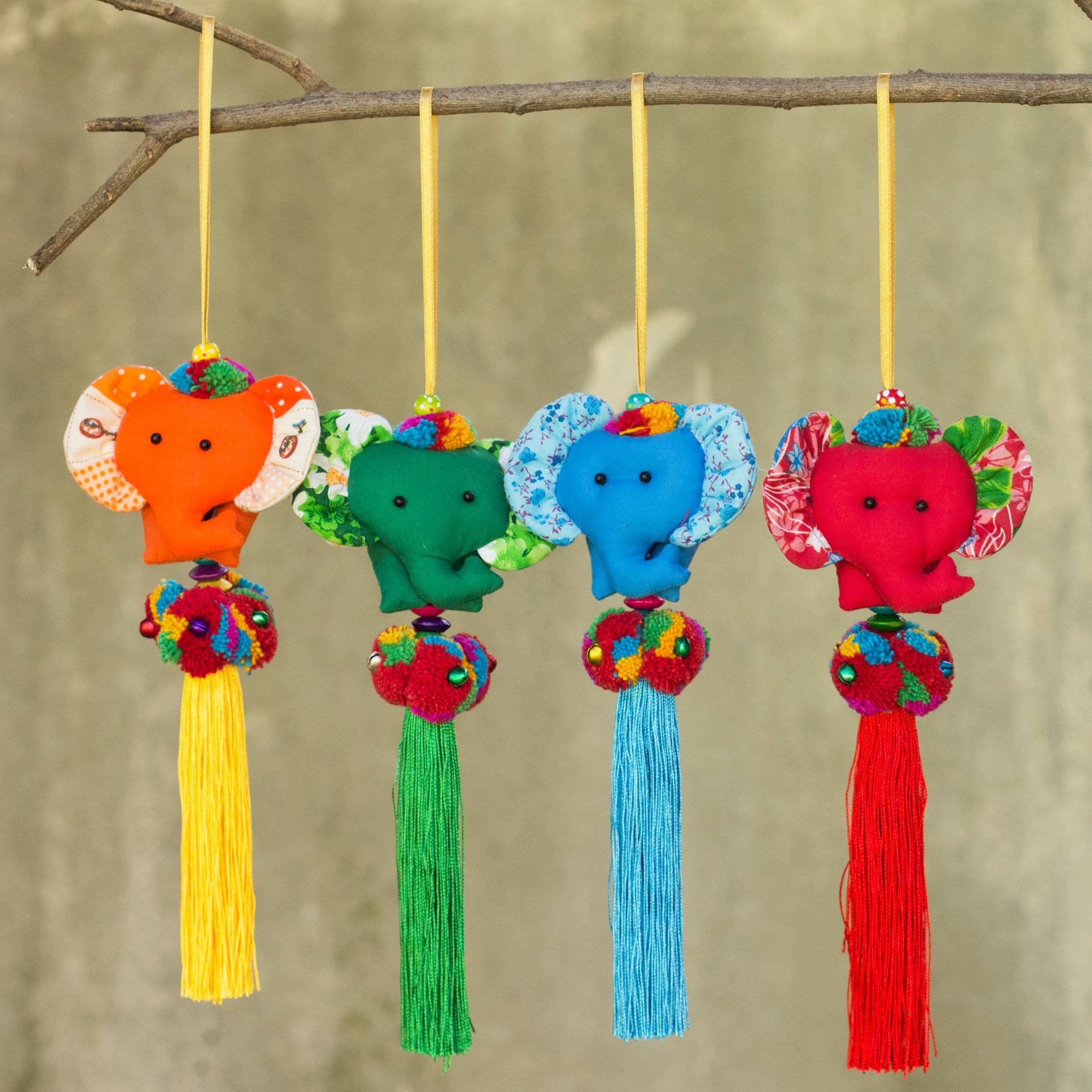 Premium Thai Elephant Ornaments Set - Handcrafted Multicolor Cotton Decor