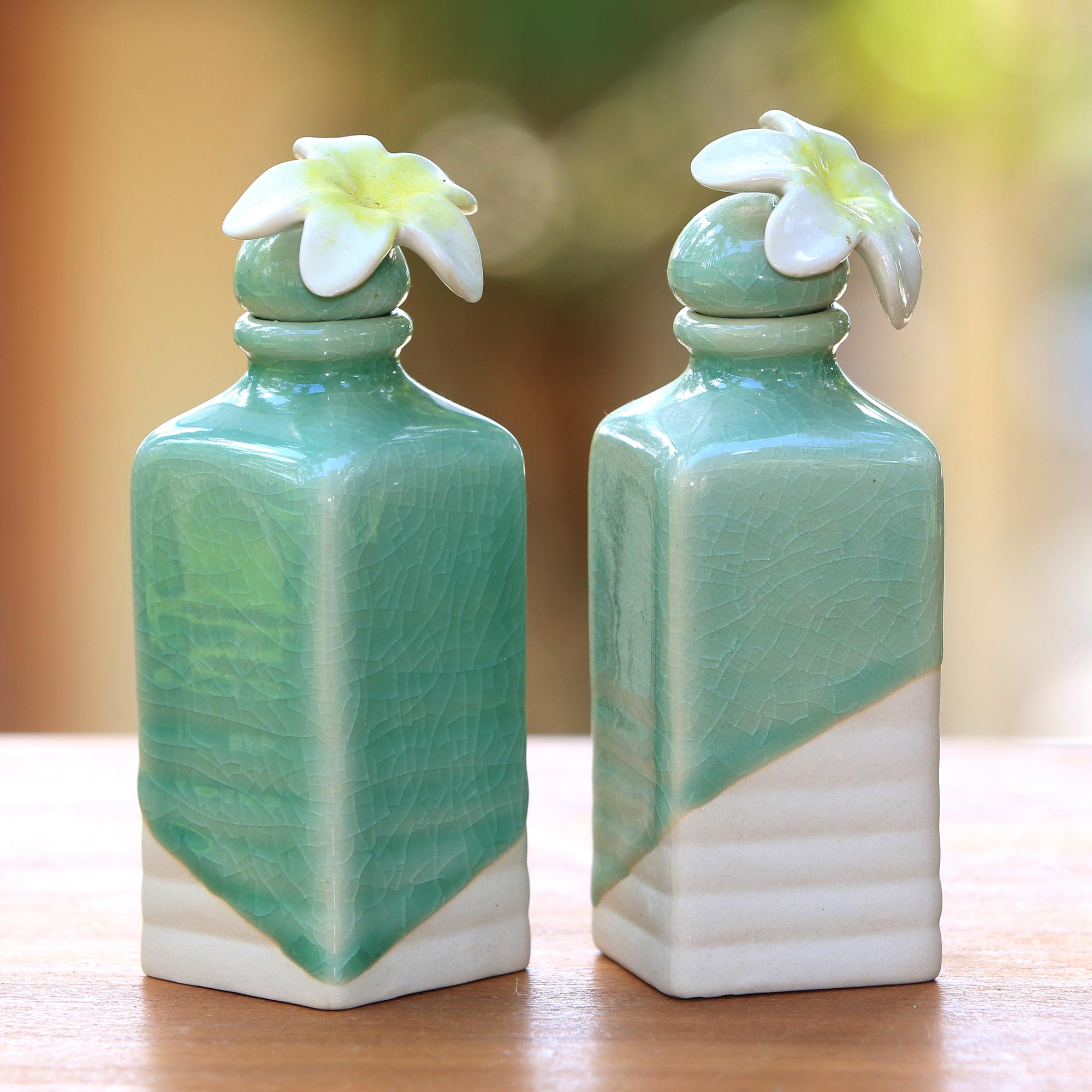 Premium Celadon Ceramic Oil Bottles with Floral Design (Set of 2)