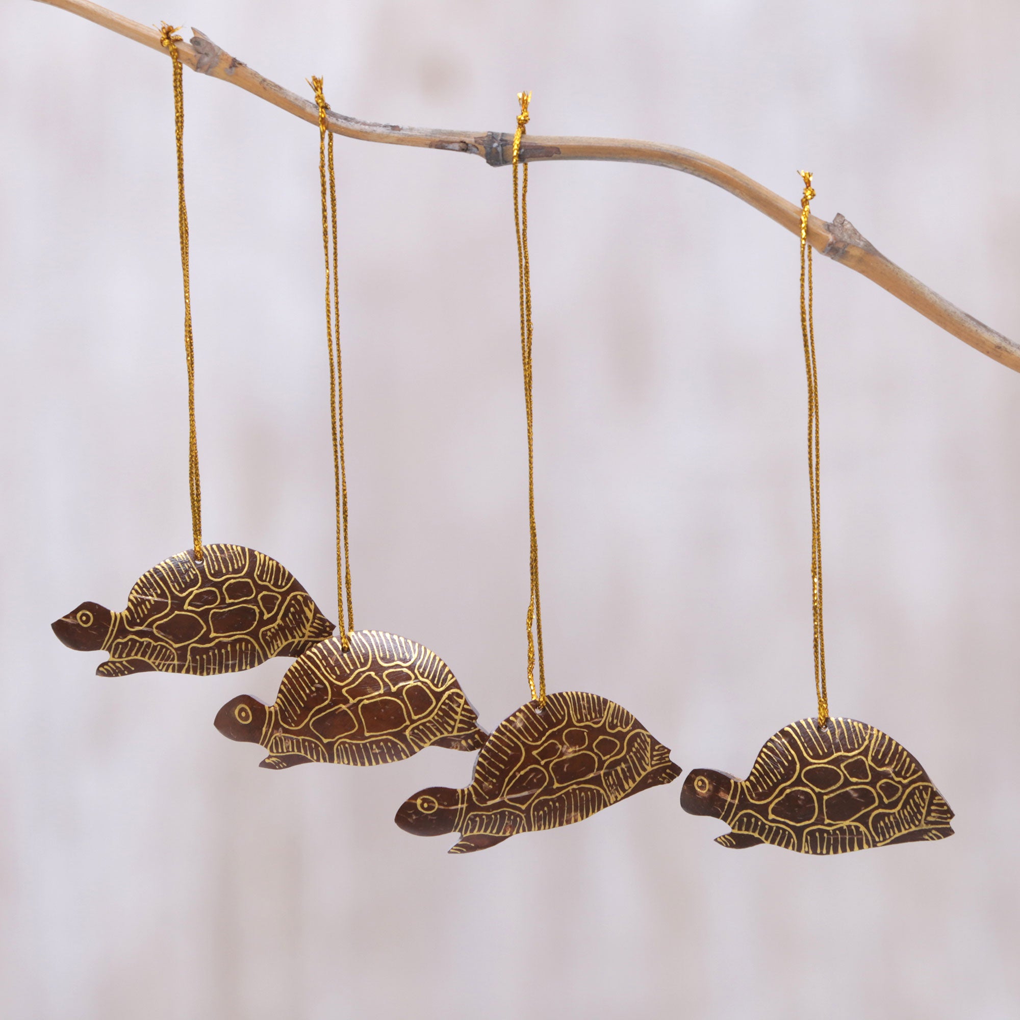Premium Handmade Coconut Shell Turtle Ornaments – Set of 4