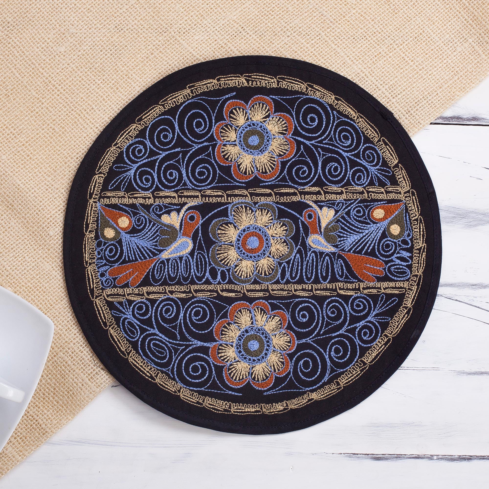 Premium Sky Blue Floral Embroidered Peruvian Placemats – Set of 4